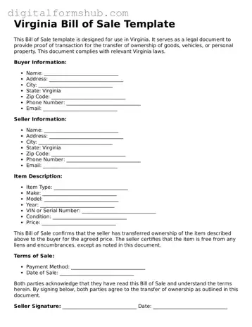 Official Bill of Sale Template for the State of Virginia