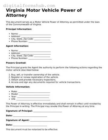 Official Motor Vehicle Power of Attorney Template for the State of Virginia