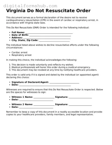 Official Do Not Resuscitate Order Template for the State of Virginia