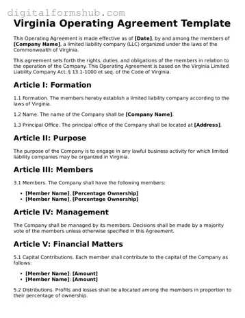 Official Operating Agreement Template for the State of Virginia