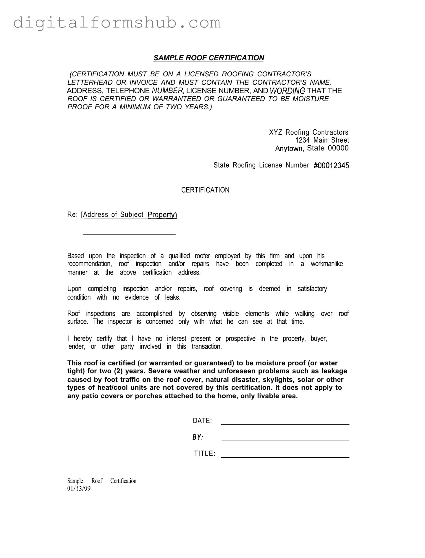 Free Sample Roof Certification Form in PDF