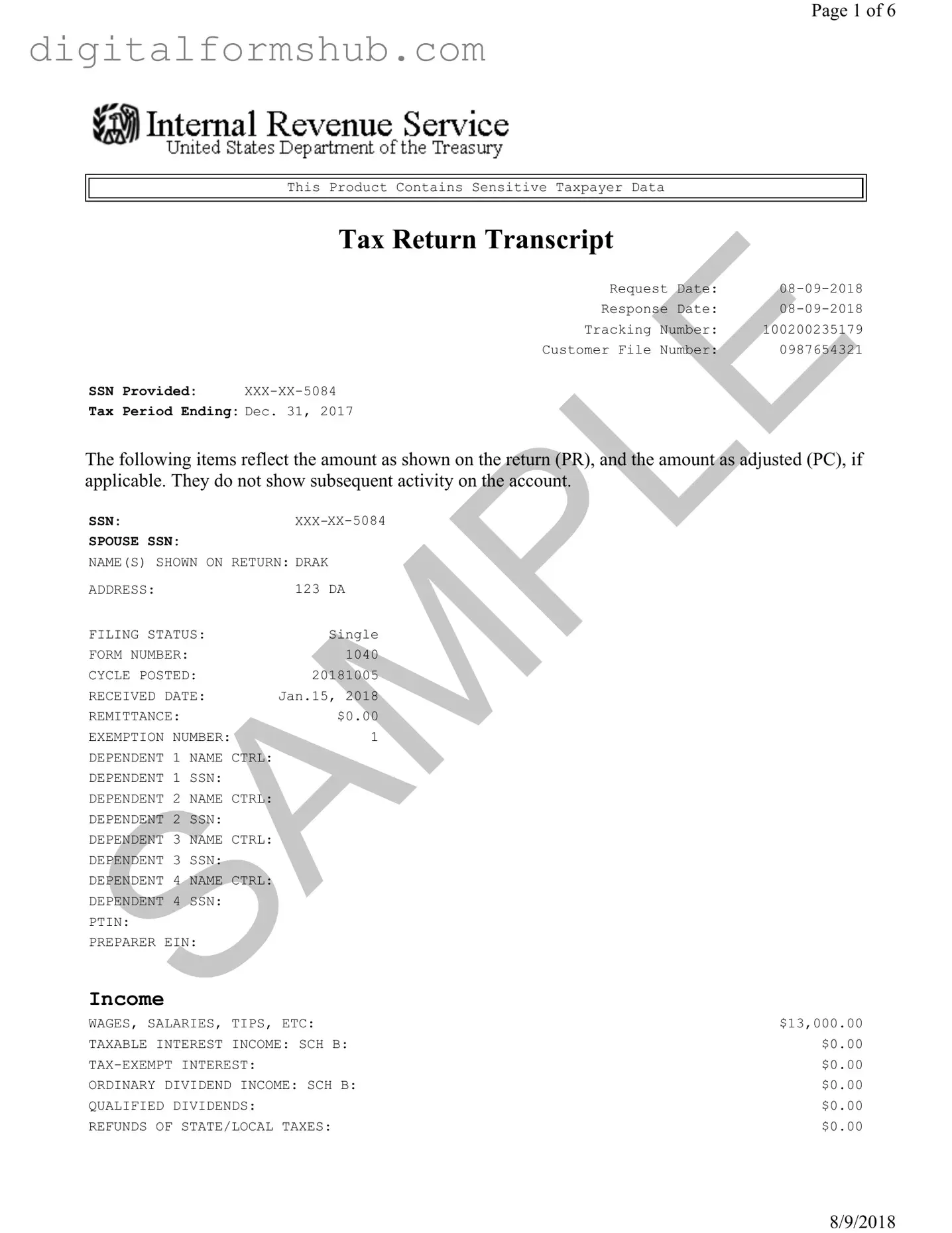 Free Sample Tax Return Transcript Form in PDF