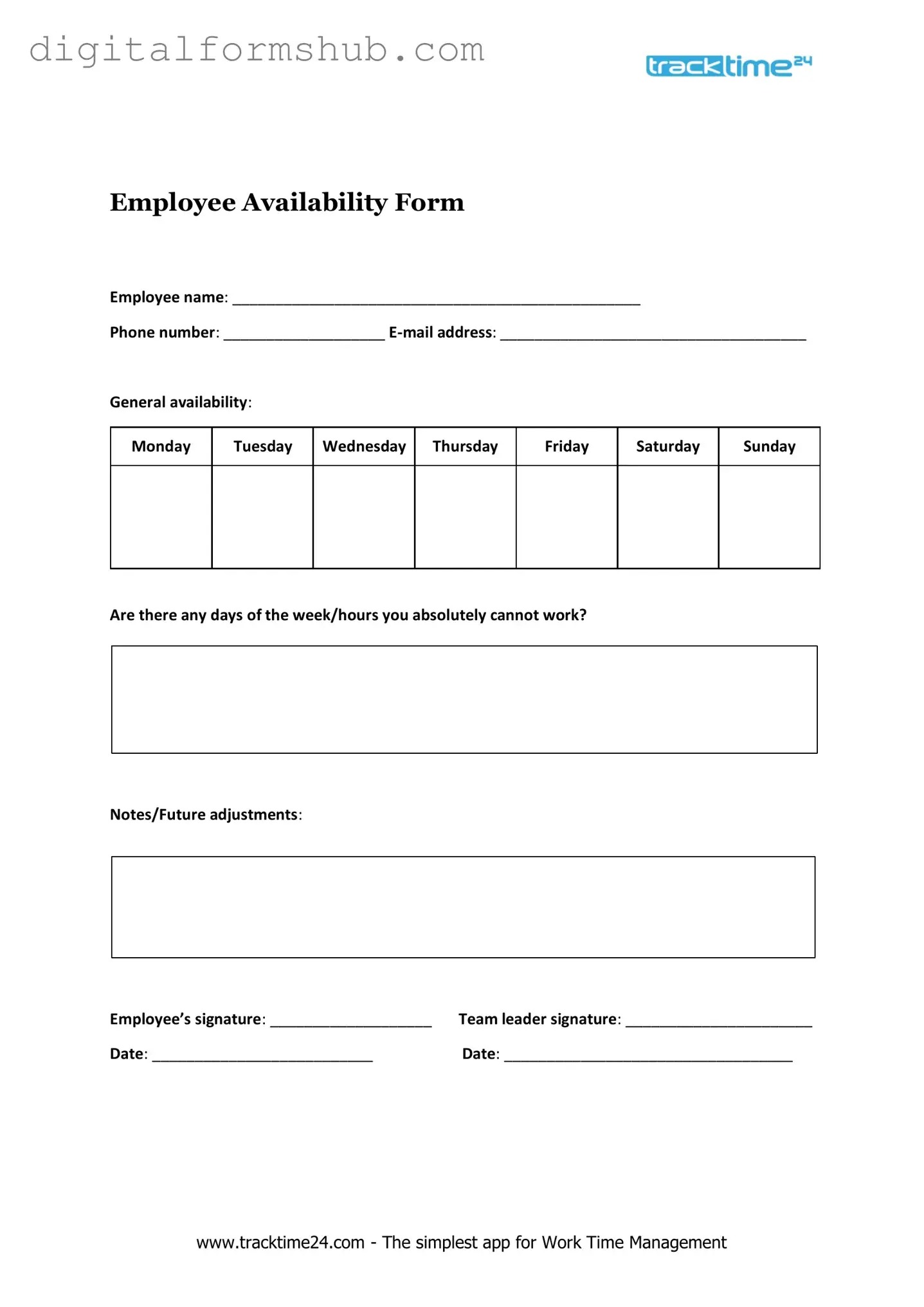 Free Employee Availability Form in PDF