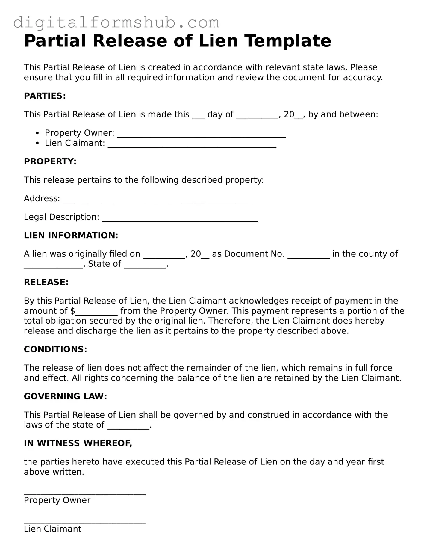 Valid Partial Release of Lien Document