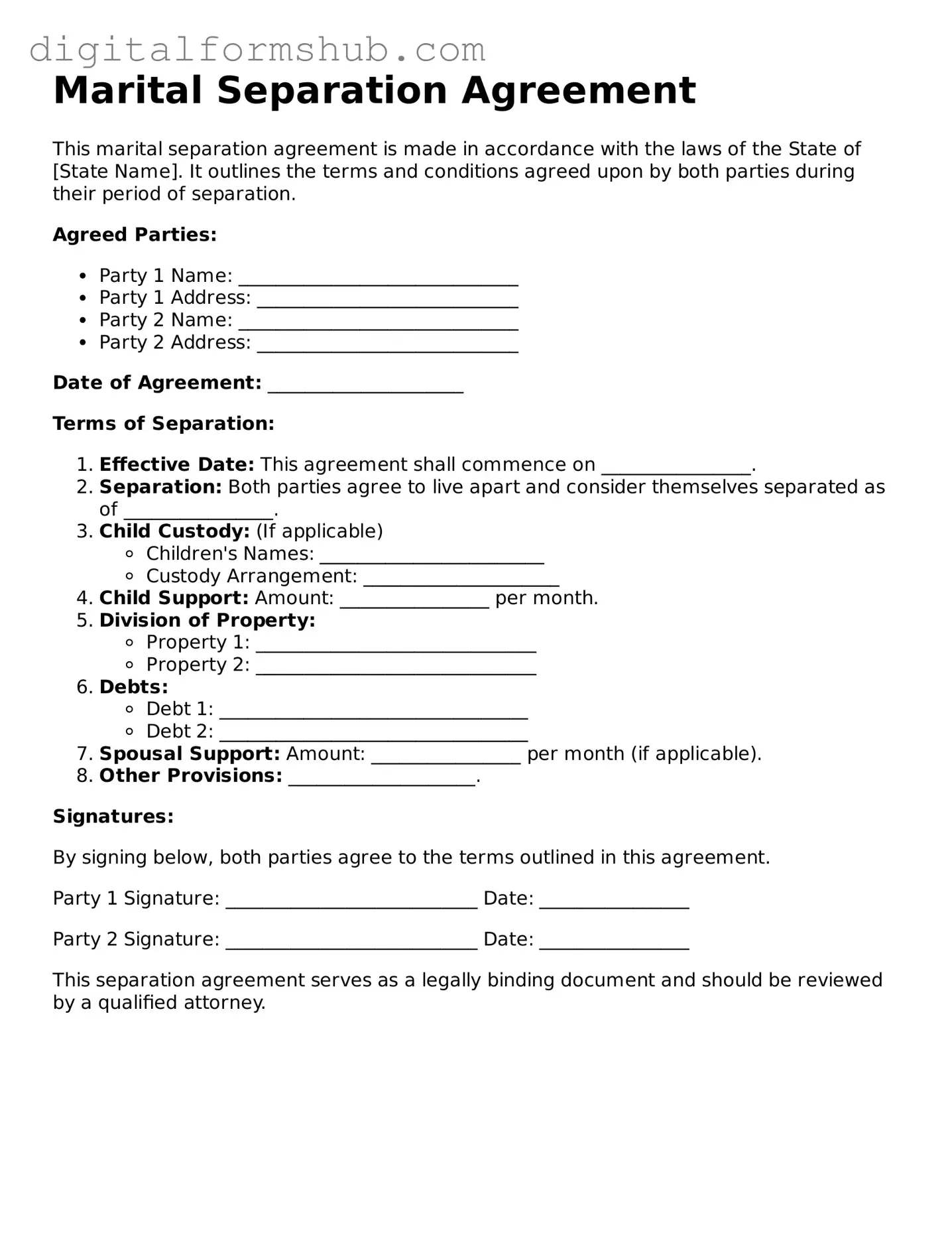 Valid Marital Separation Agreement Document