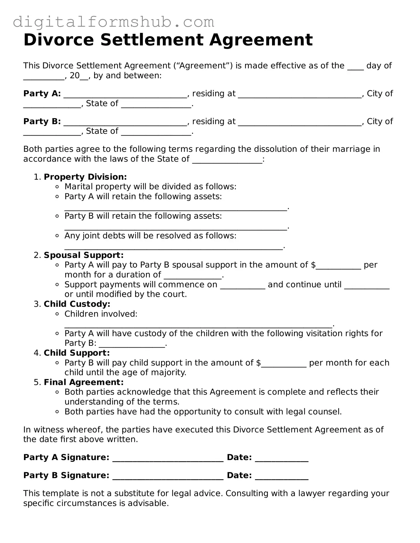 Valid Divorce Settlement Agreement Document