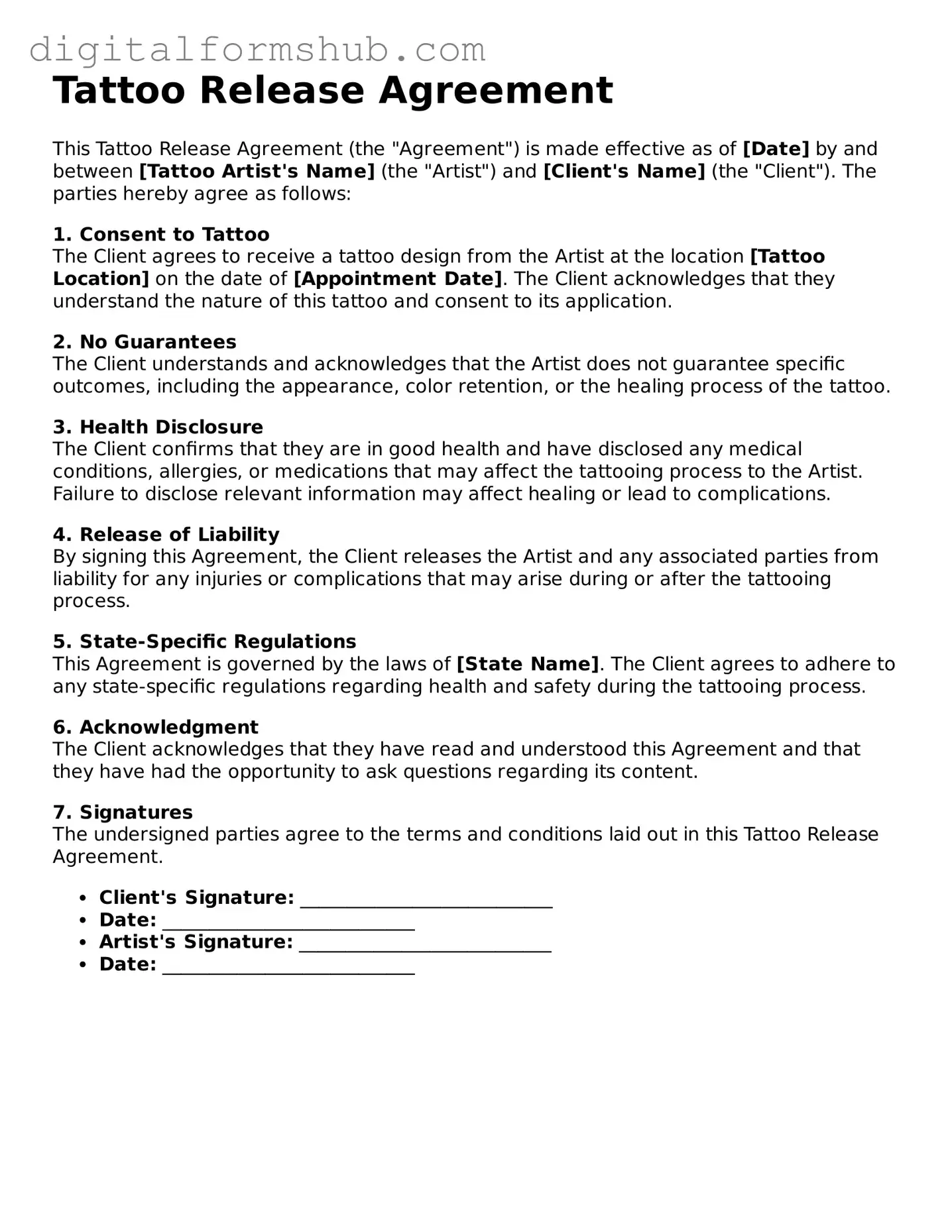 Valid Tattoo Release Document
