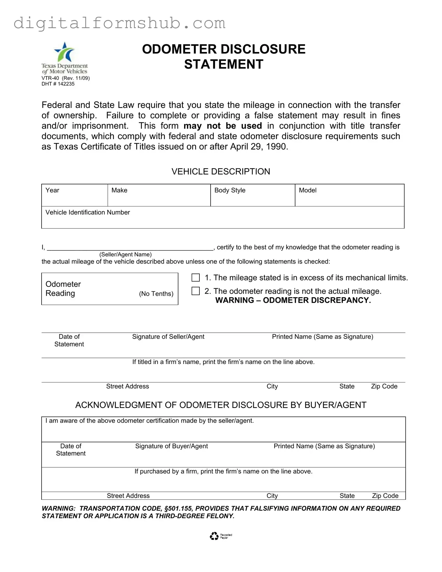 Free Texas Odometer Statement Form in PDF