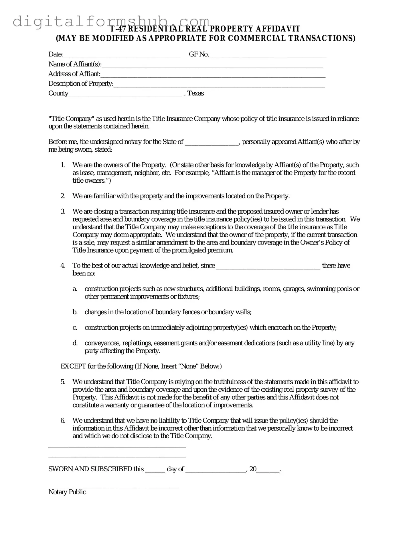 Free Texas residential property affidavit T-47 Form in PDF
