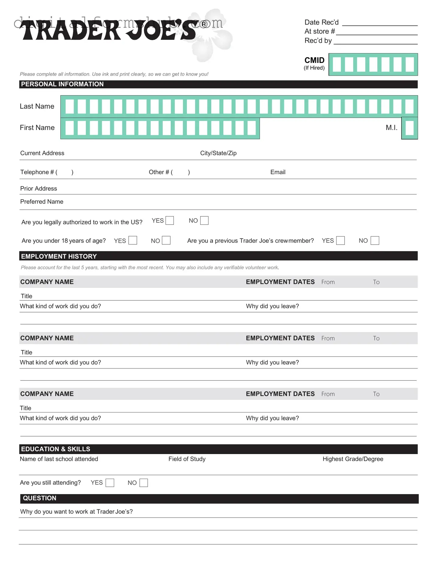 Free Trader Joe's application Form in PDF