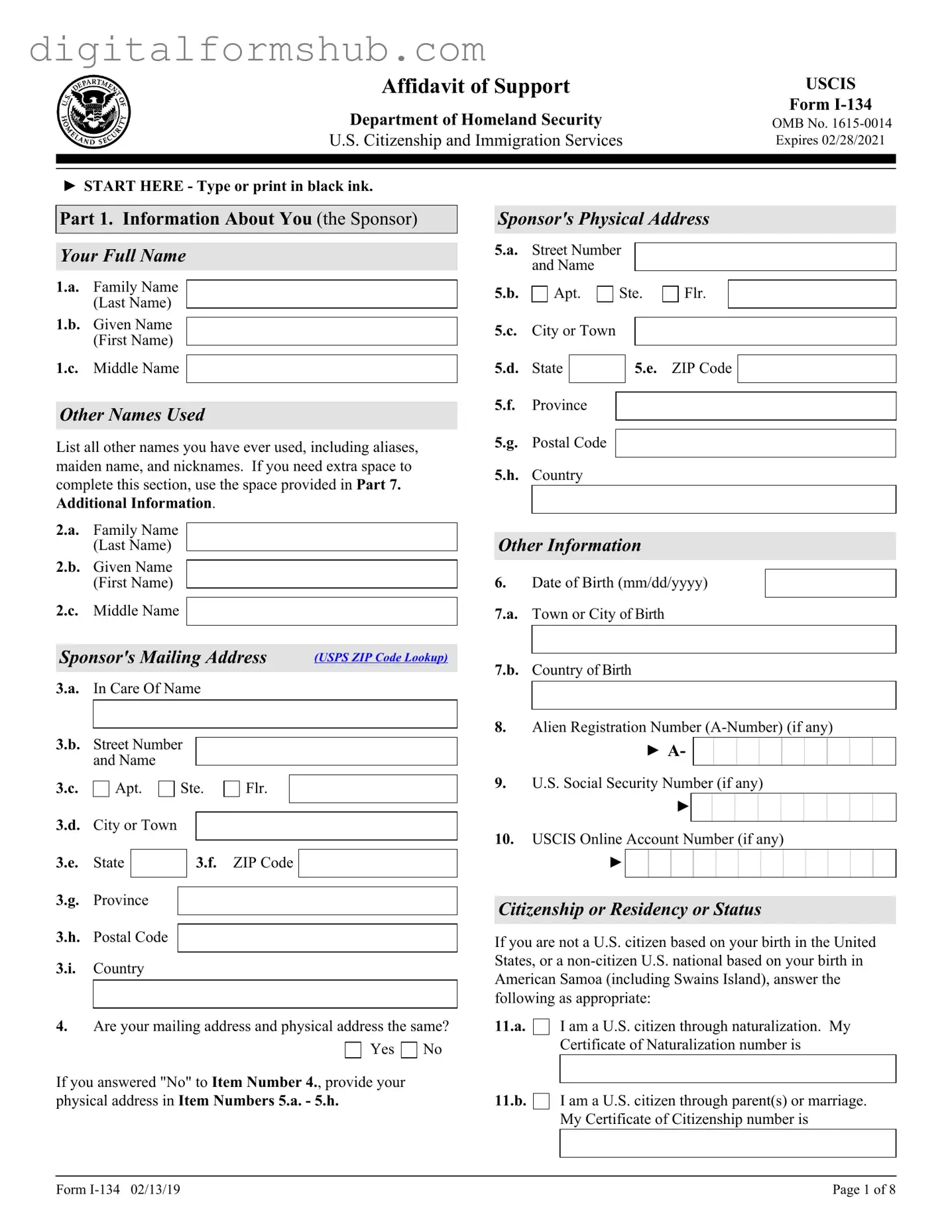 Free USCIS I-134 Form in PDF