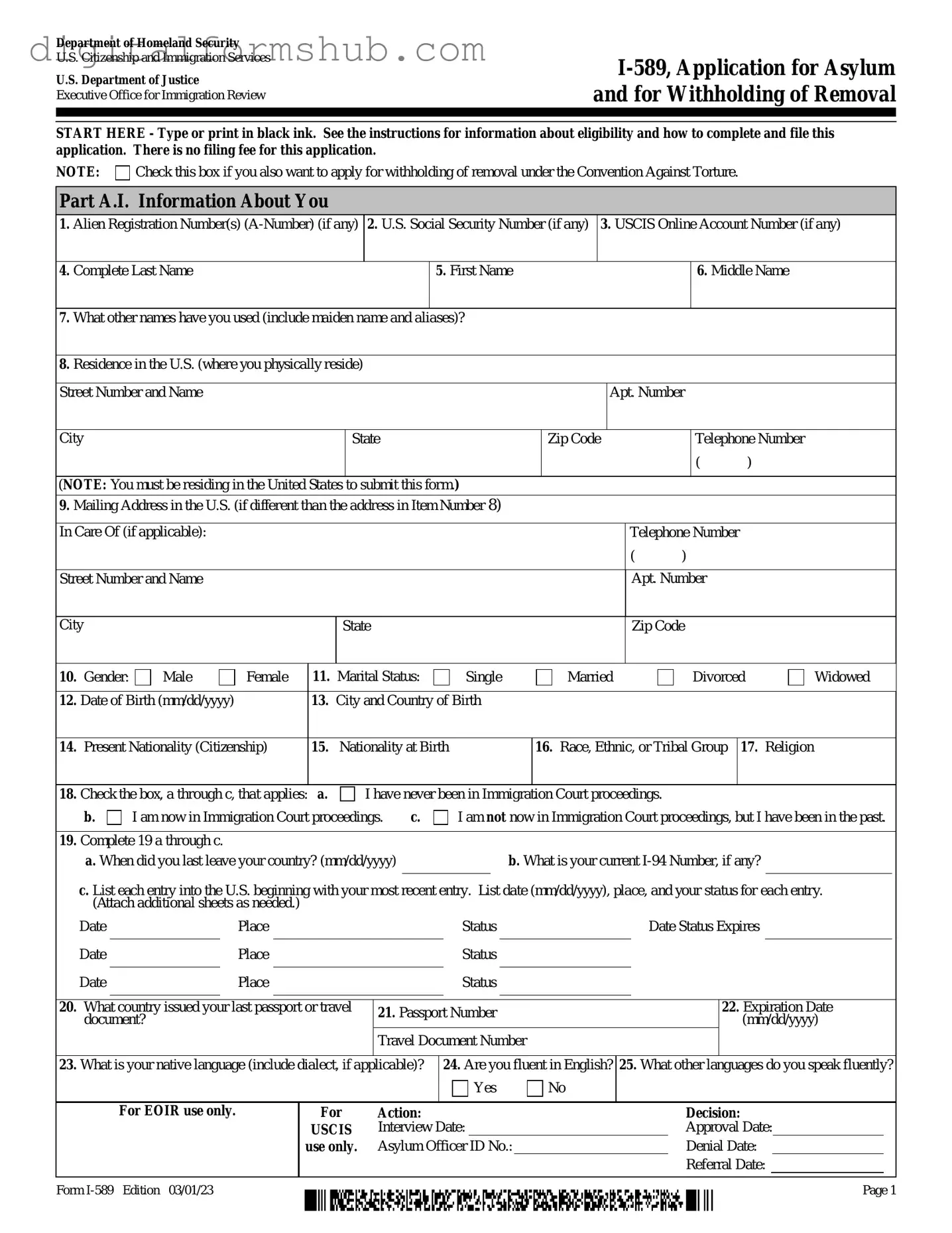 Free USCIS I-589 Form in PDF