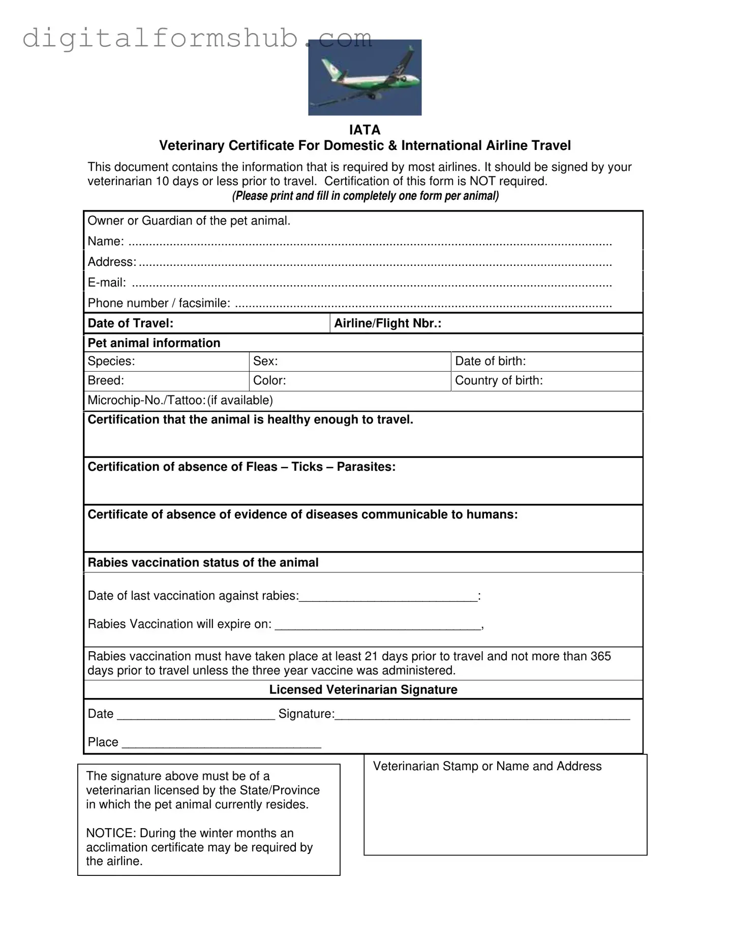 Free Veterinary Certificate Travel Form in PDF