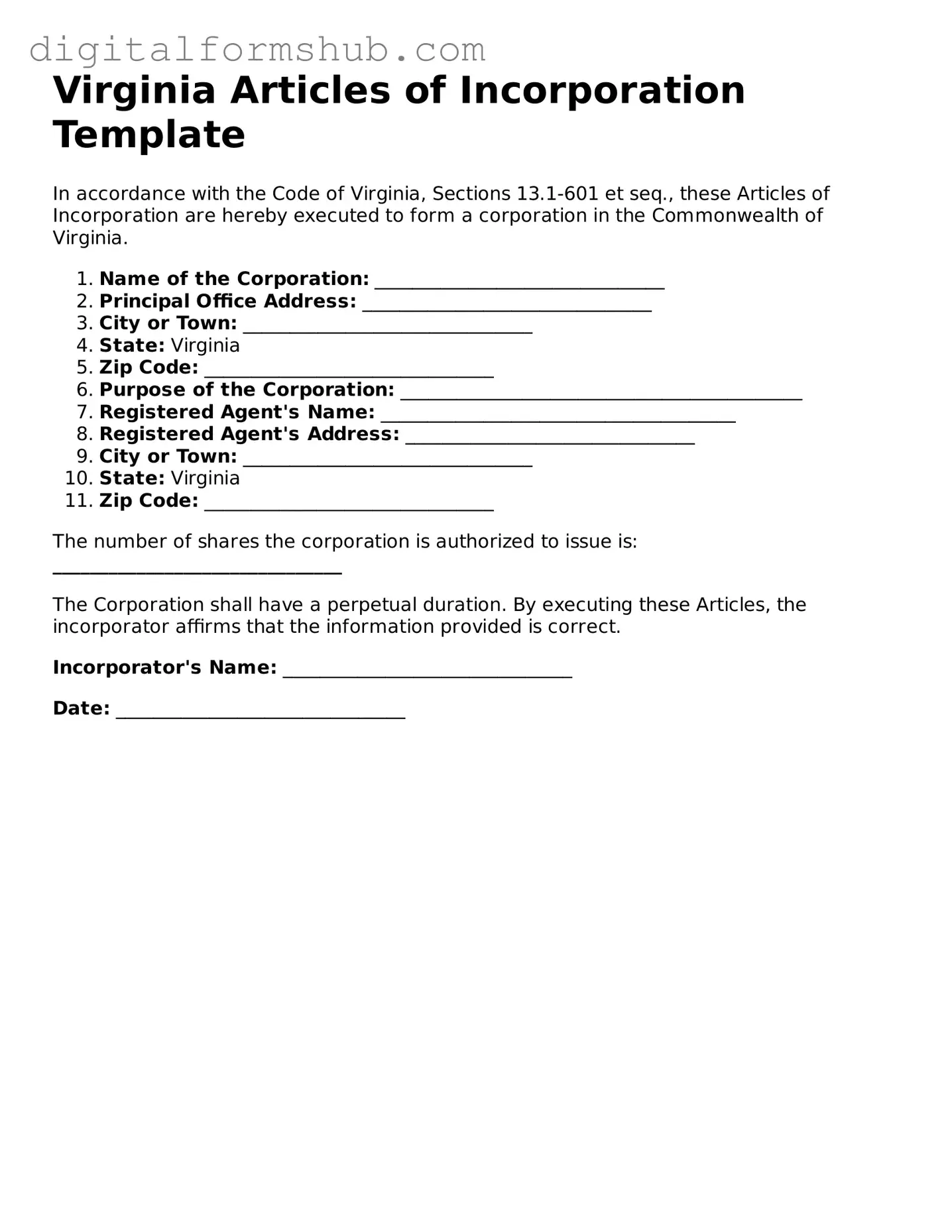 Official Articles of Incorporation Template for the State of Virginia