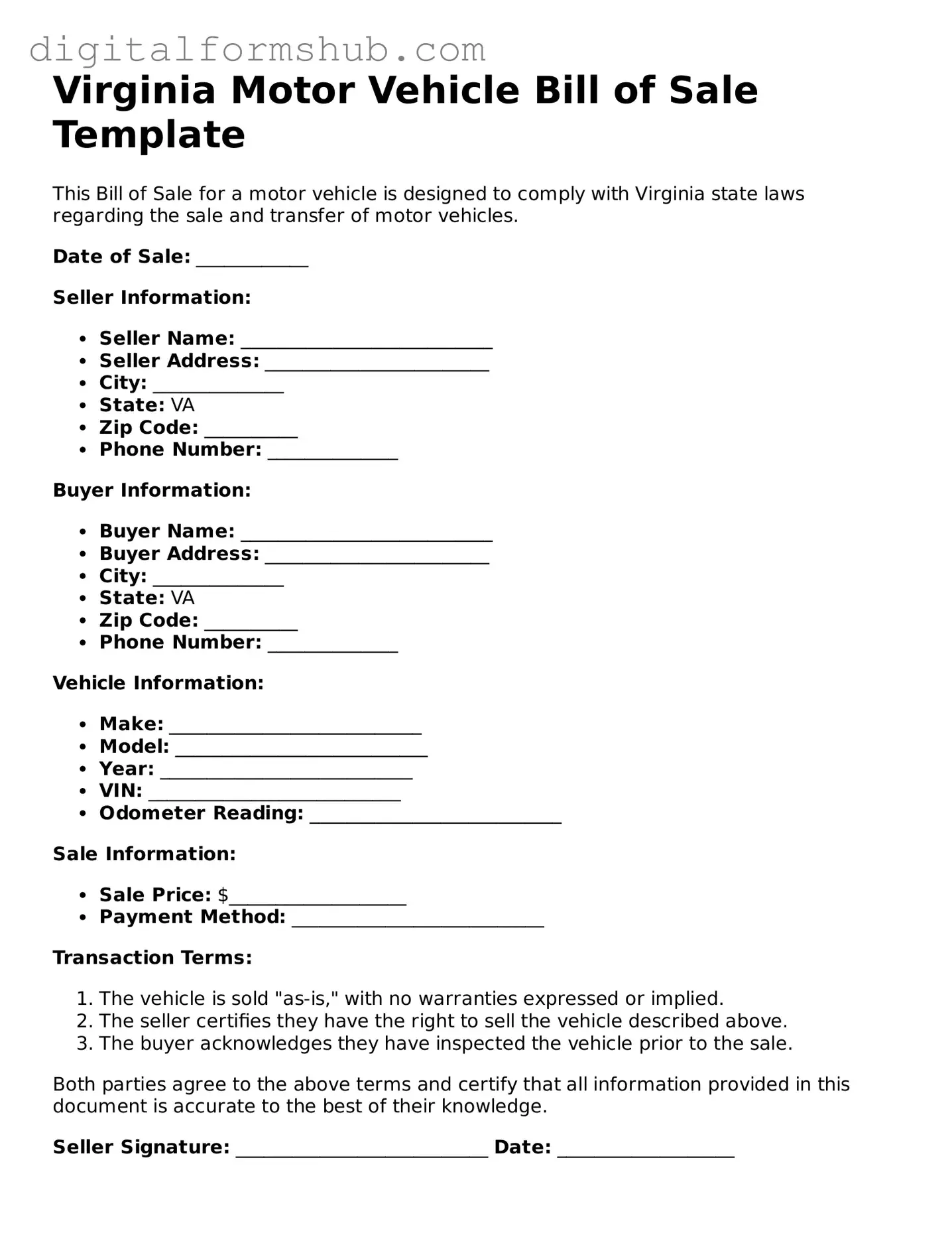 Official Motor Vehicle Bill of Sale Template for the State of Virginia