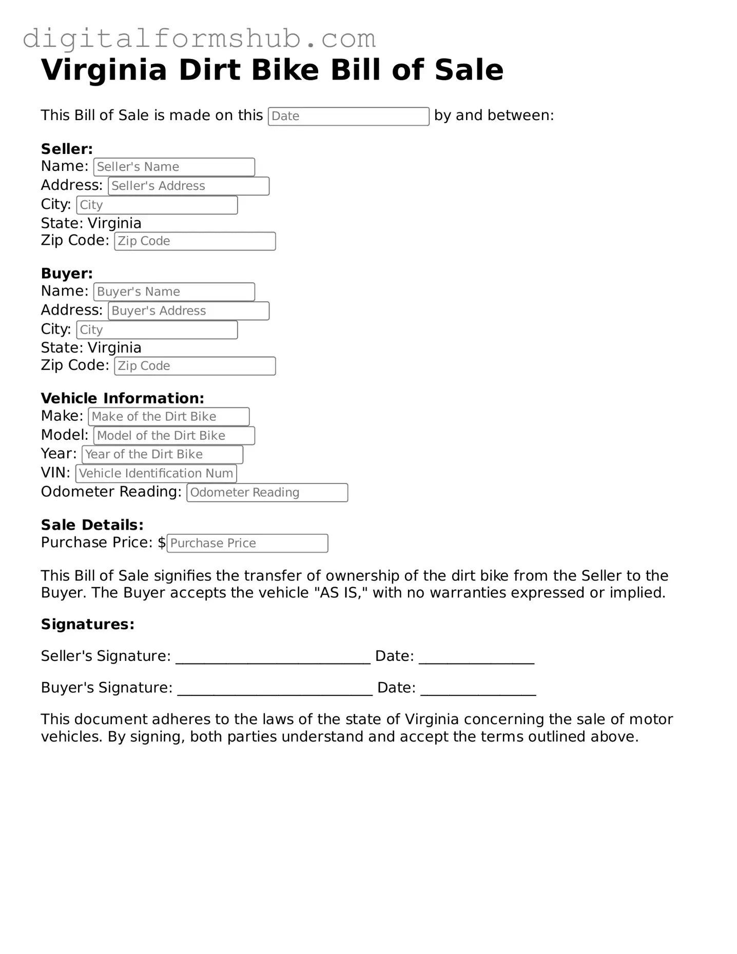 Official Dirt Bike Bill of Sale Template for the State of Virginia