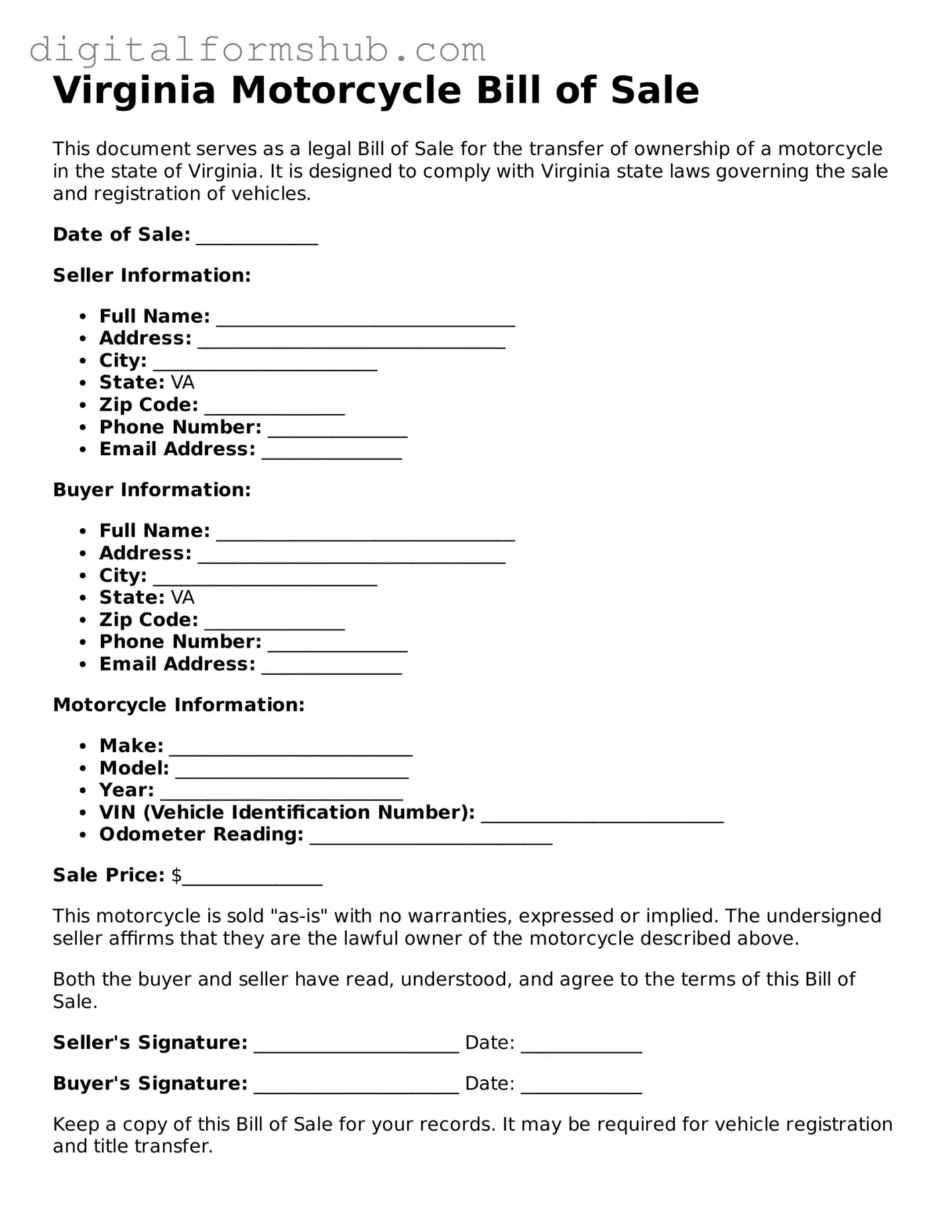Official Motorcycle Bill of Sale Template for the State of Virginia