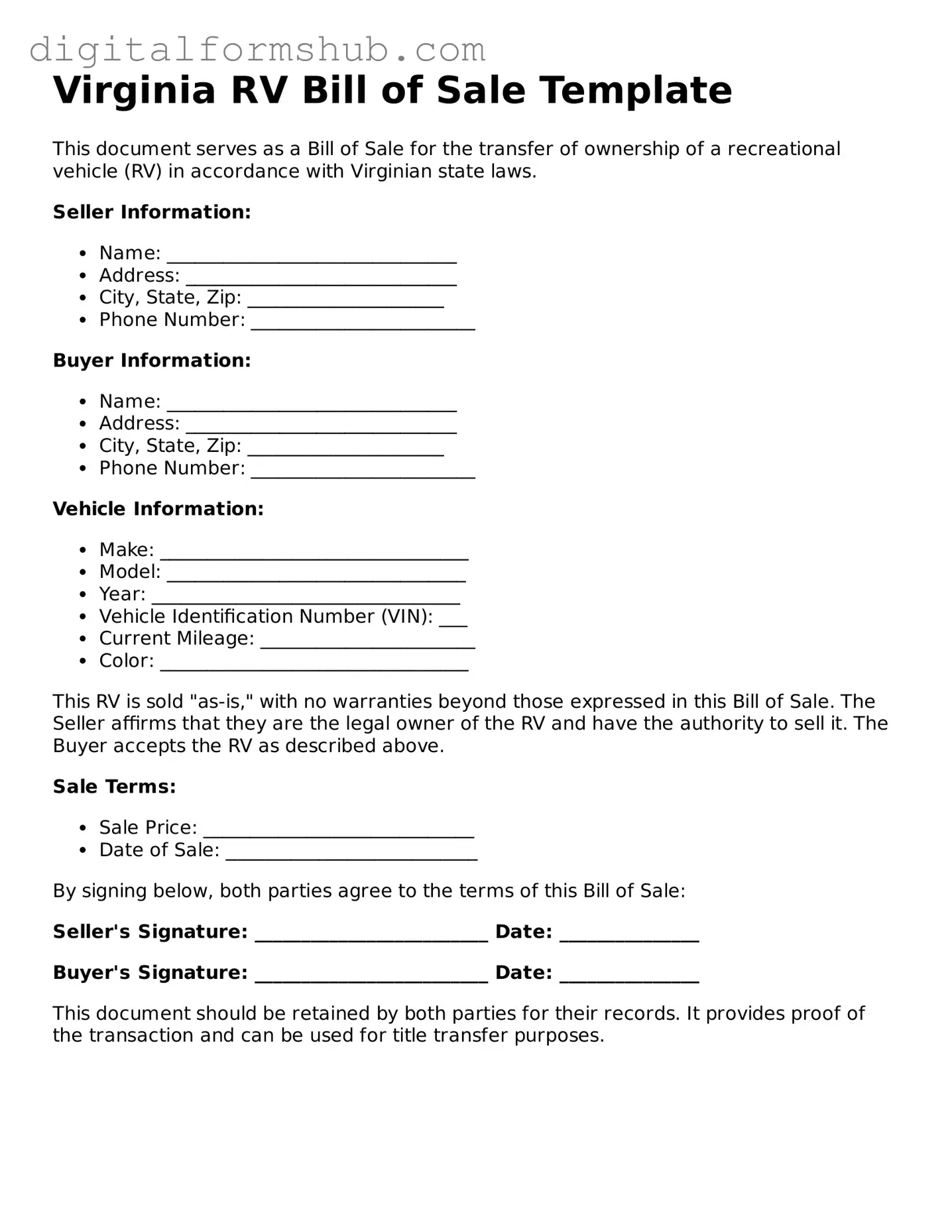 Official RV Bill of Sale Template for the State of Virginia