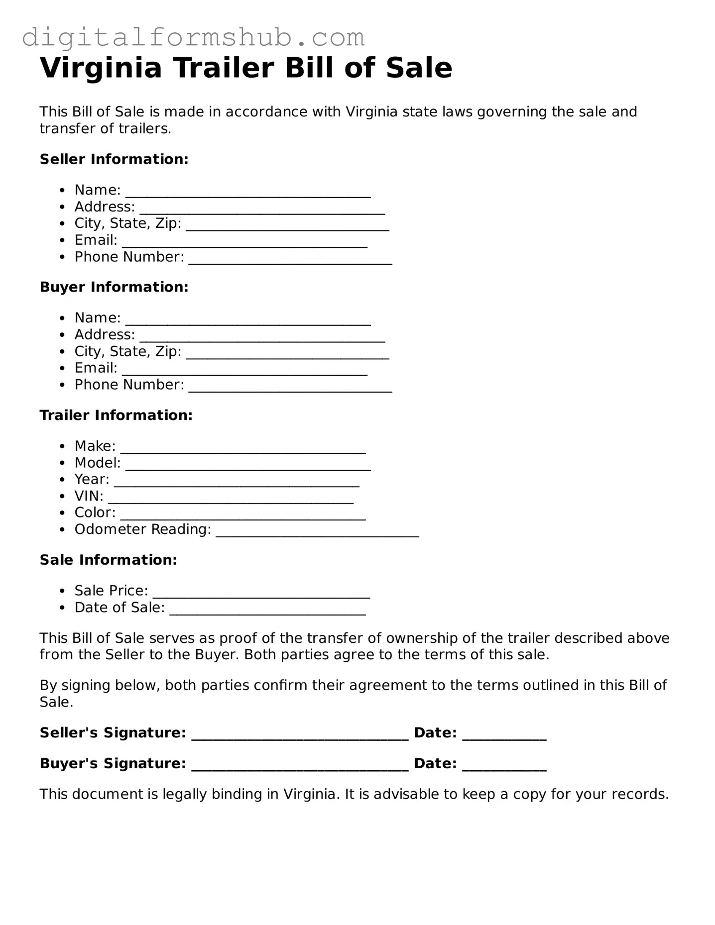 Official Trailer Bill of Sale Template for the State of Virginia
