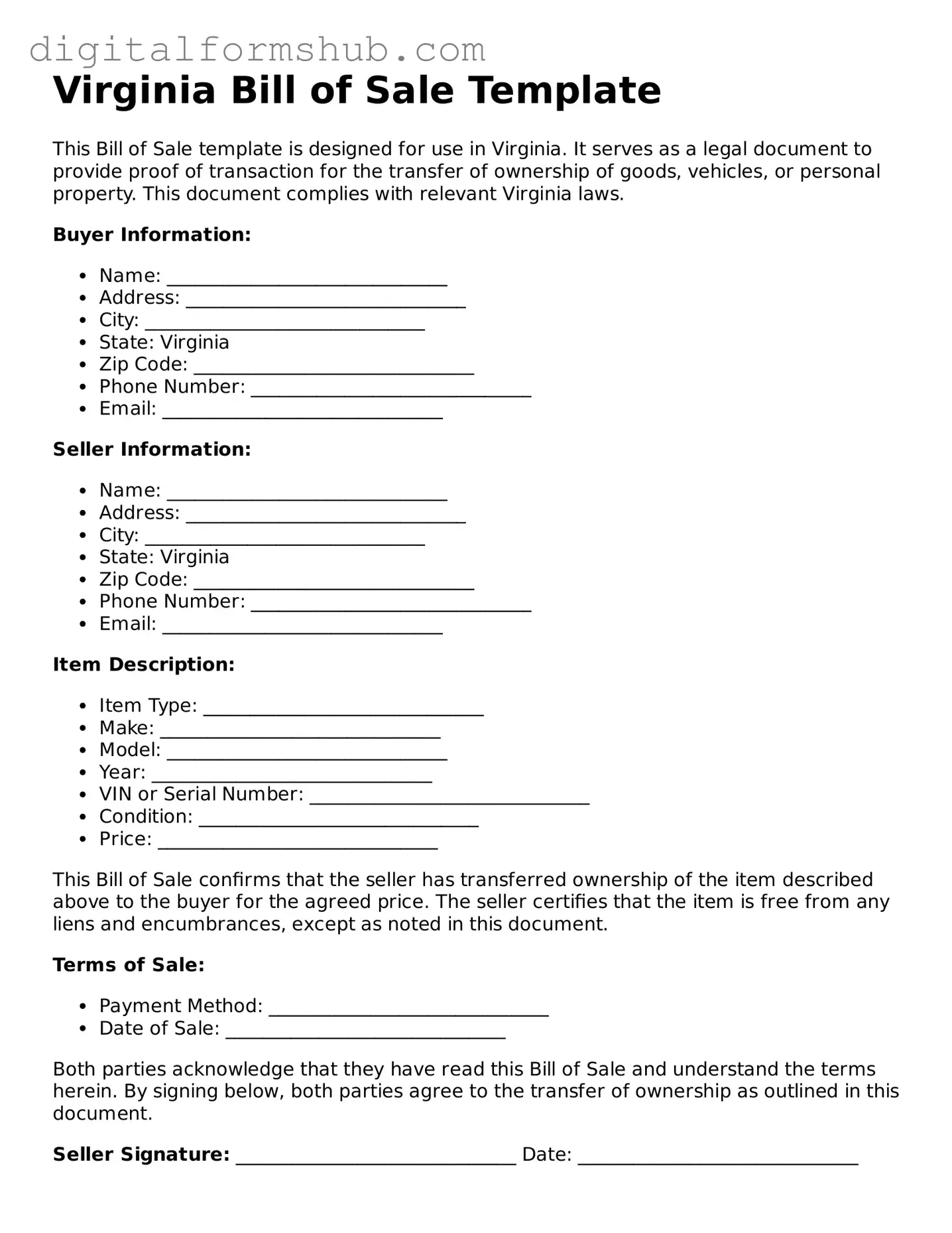 Official Bill of Sale Template for the State of Virginia