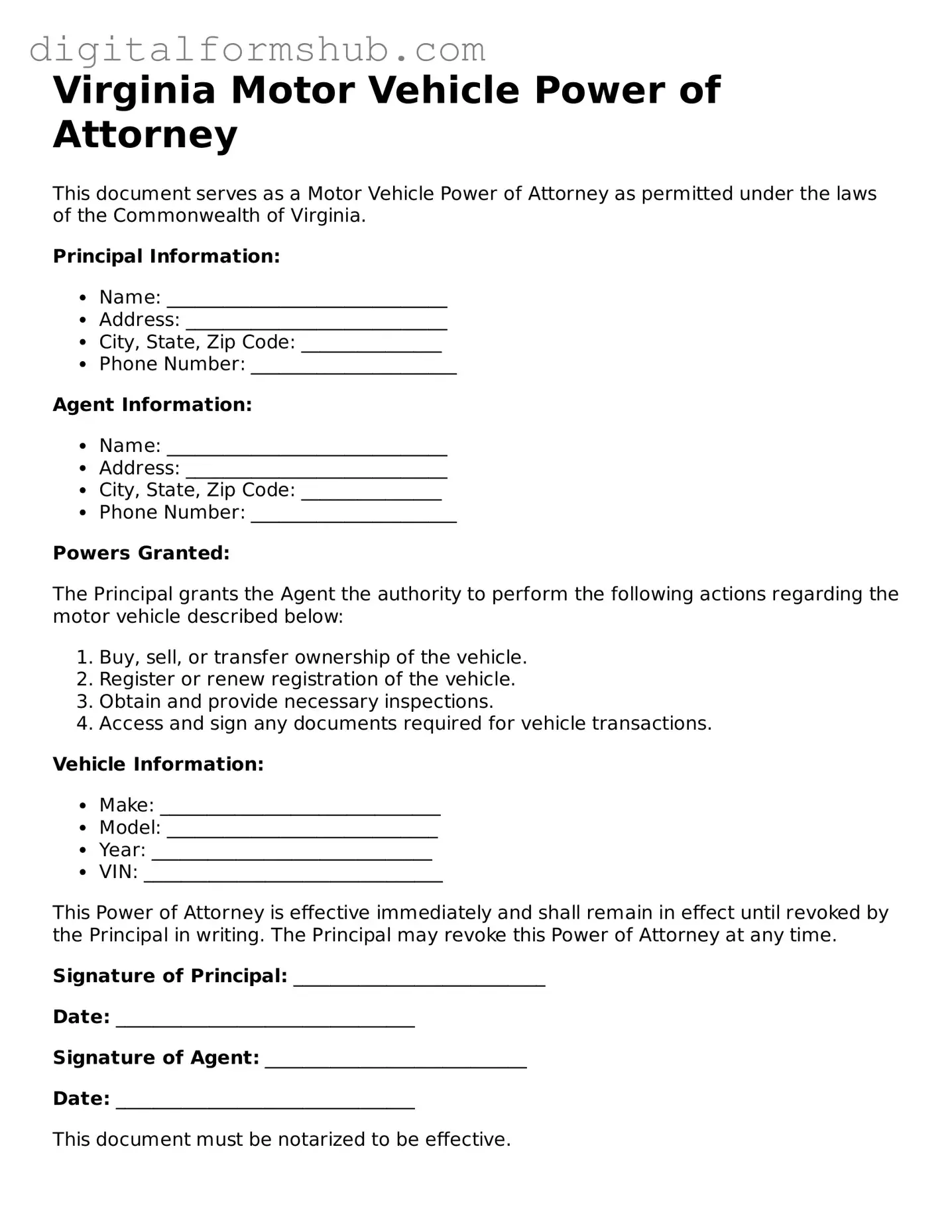 Official Motor Vehicle Power of Attorney Template for the State of Virginia
