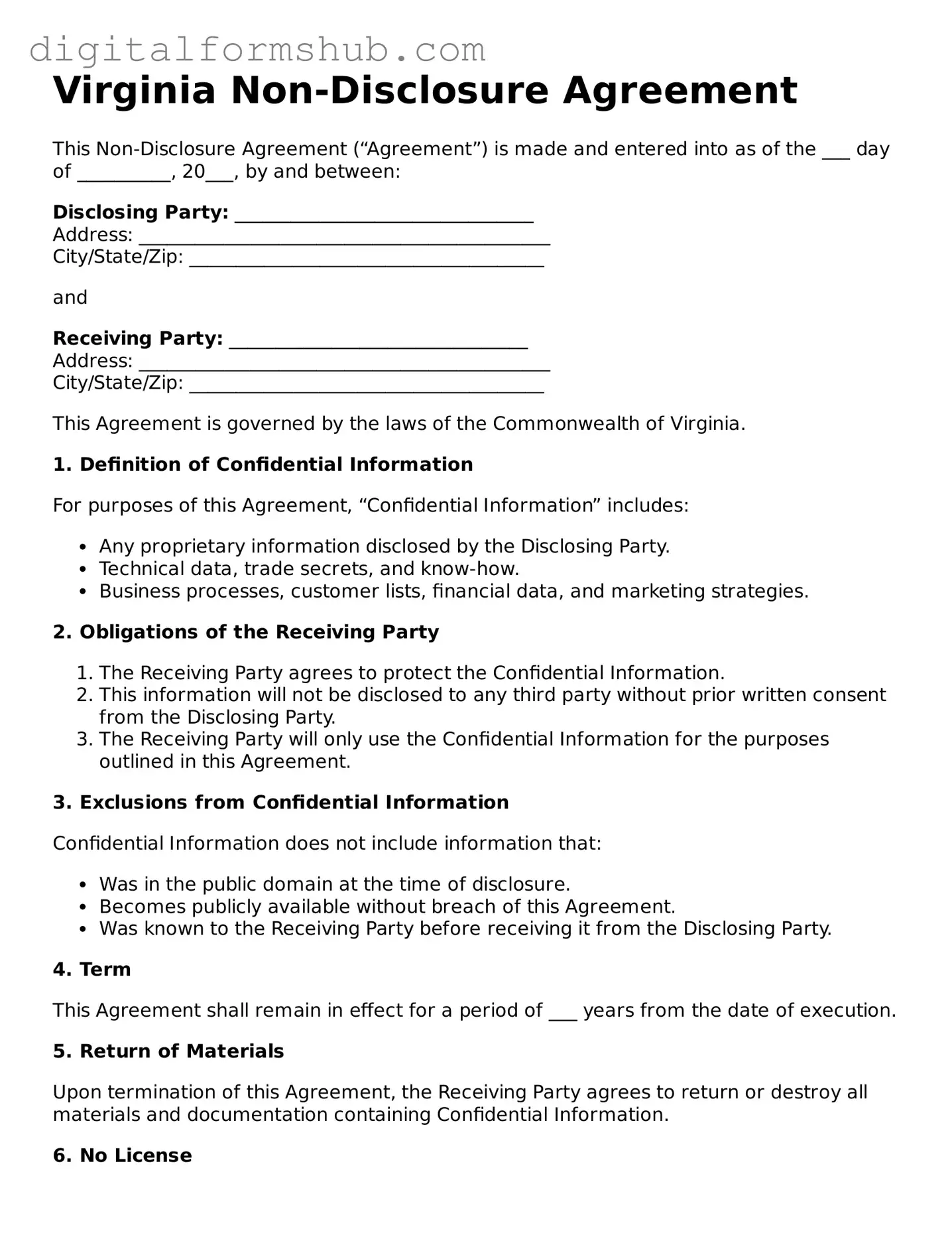 Official Non-disclosure Agreement Template for the State of Virginia