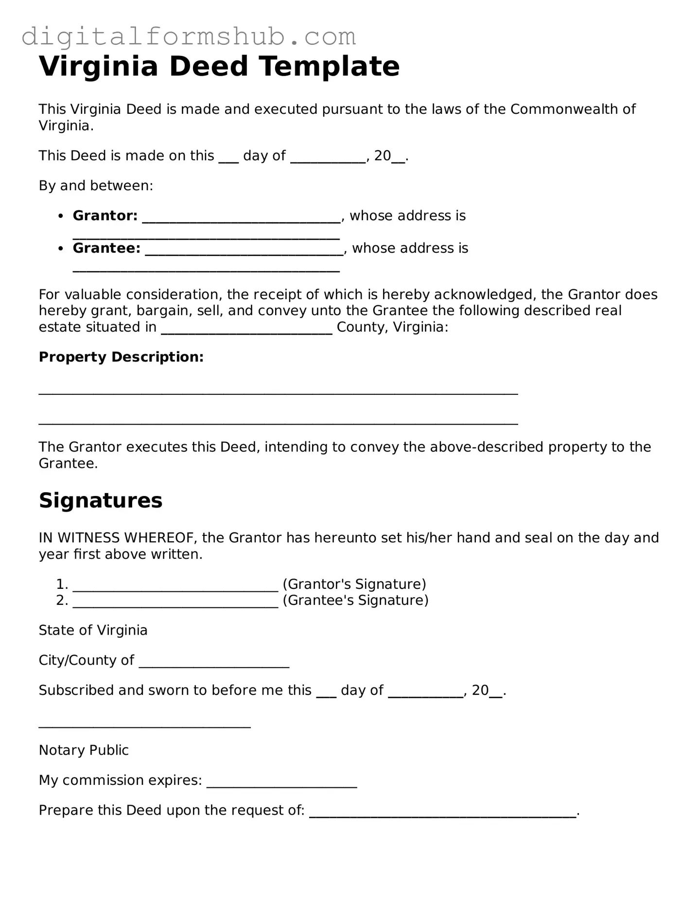 Official Deed Template for the State of Virginia