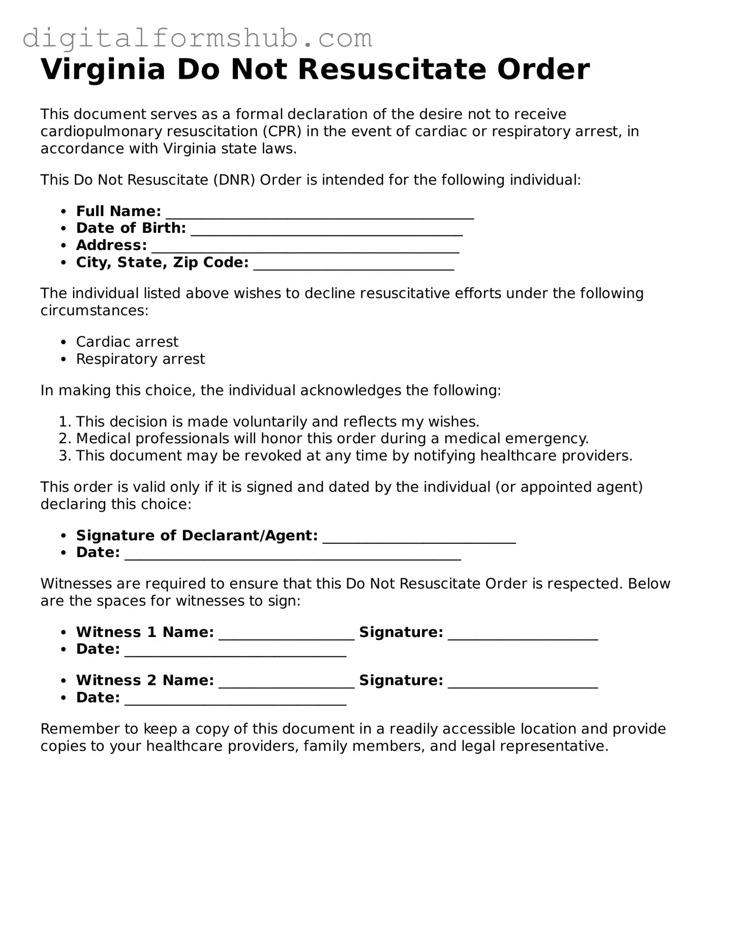 Official Do Not Resuscitate Order Template for the State of Virginia