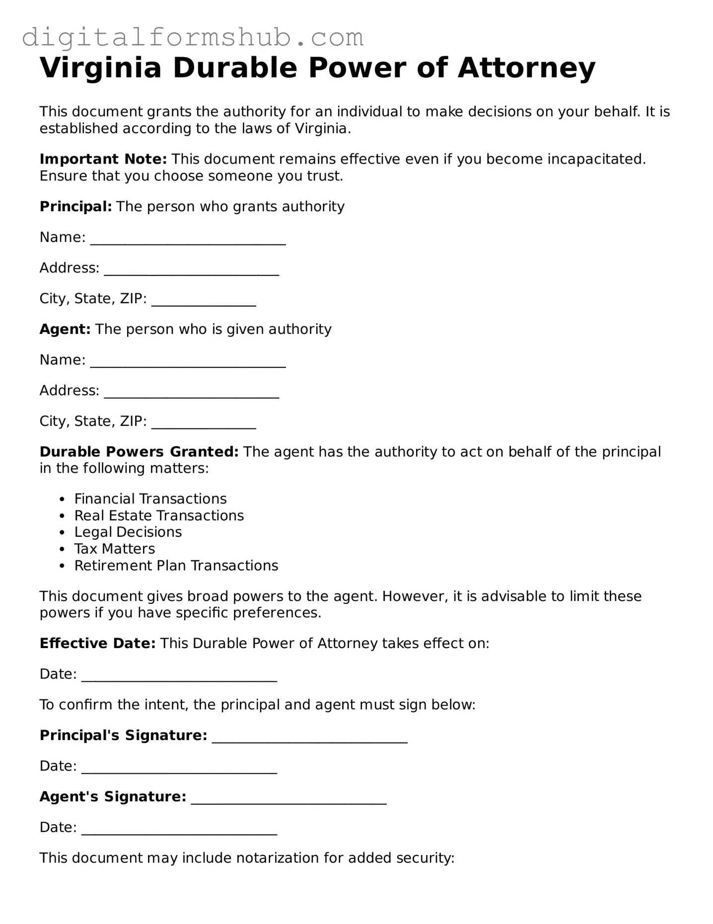 Official Durable Power of Attorney Template for the State of Virginia