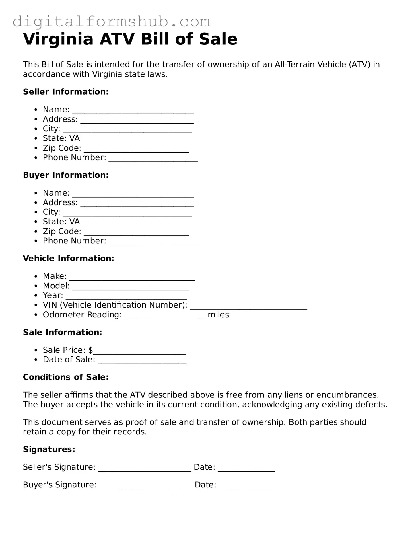 Official ATV Bill of Sale Template for the State of Virginia
