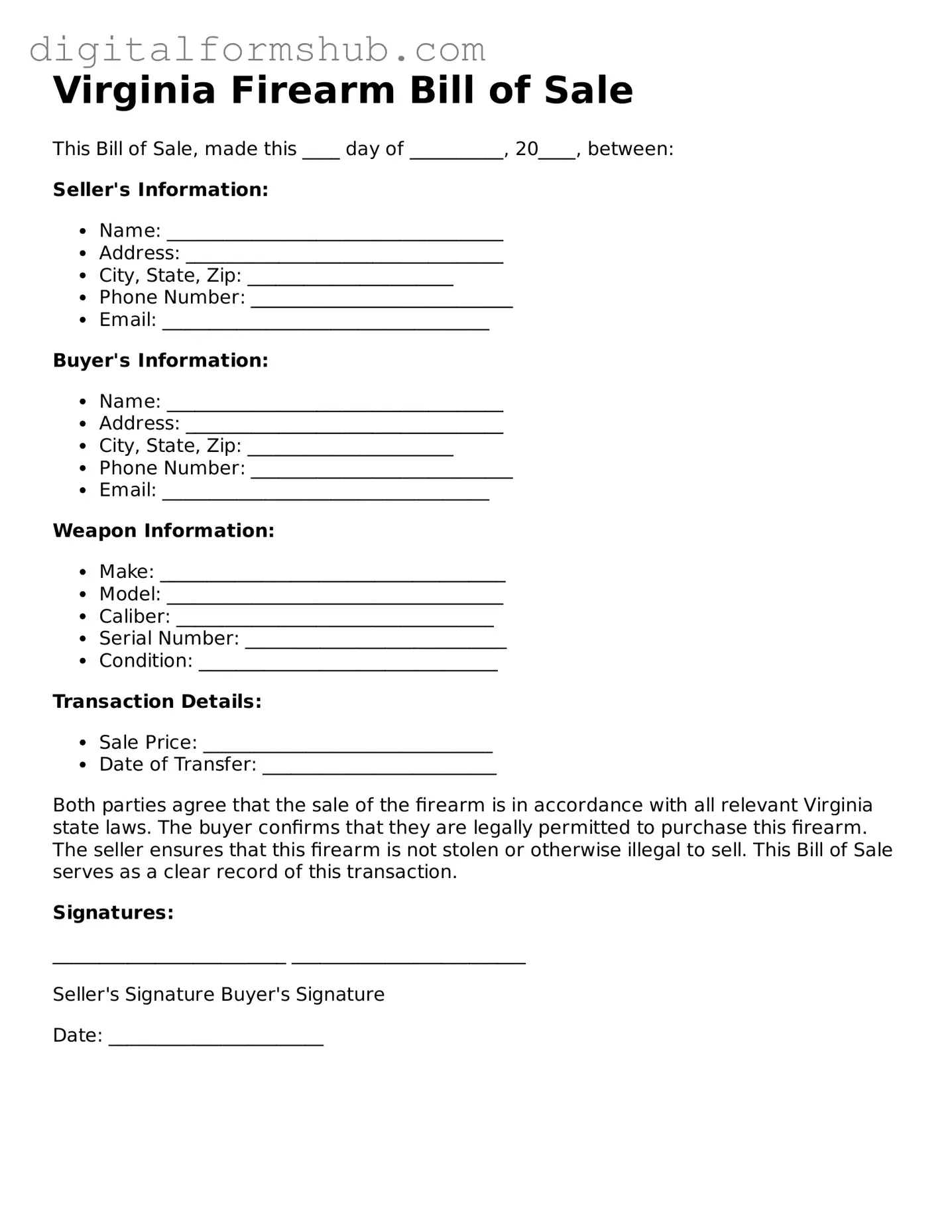 Official Firearm Bill of Sale Template for the State of Virginia
