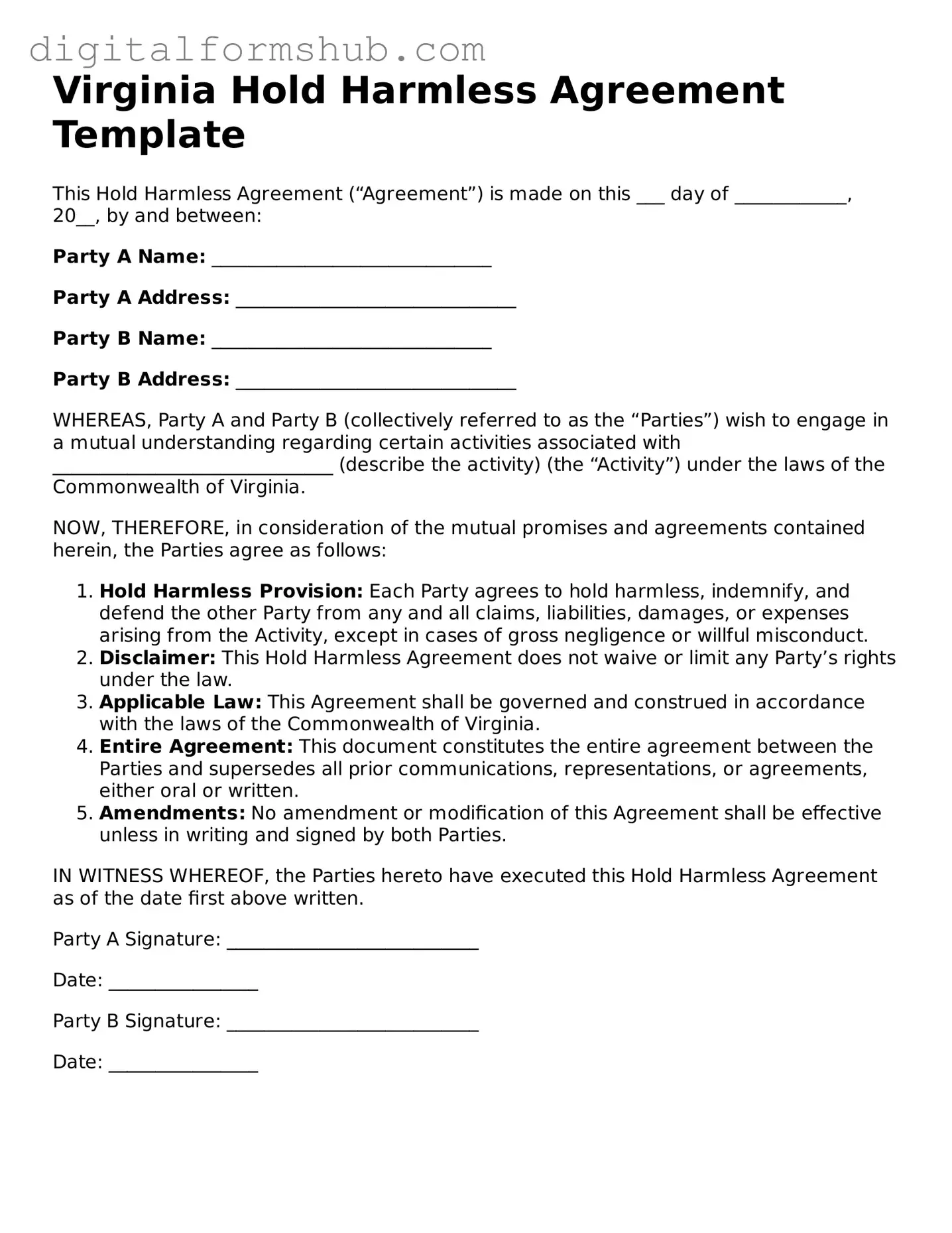 Official Hold Harmless Agreement Template for the State of Virginia