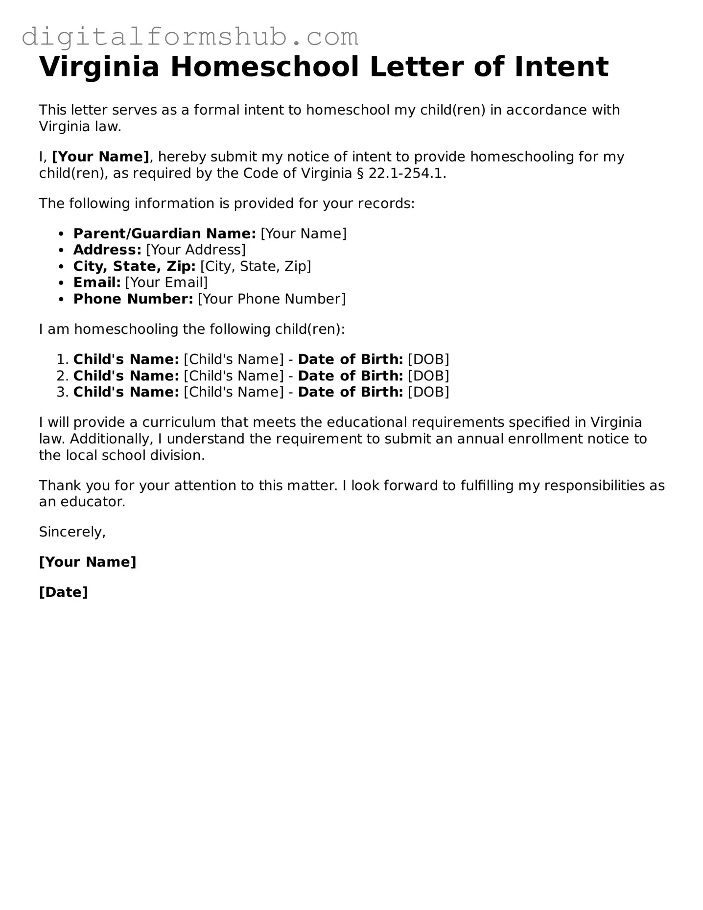 Official Homeschool Letter of Intent Template for the State of Virginia