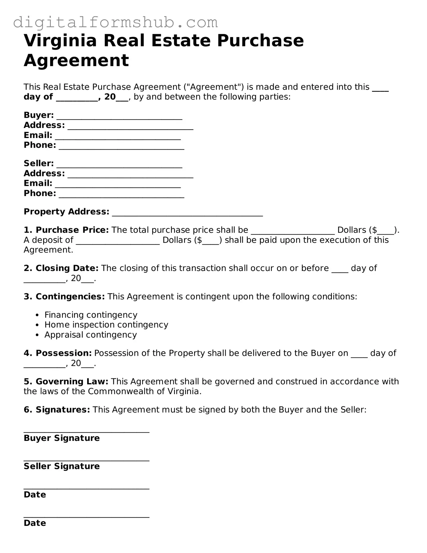 Official Real Estate Purchase Agreement Template for the State of Virginia