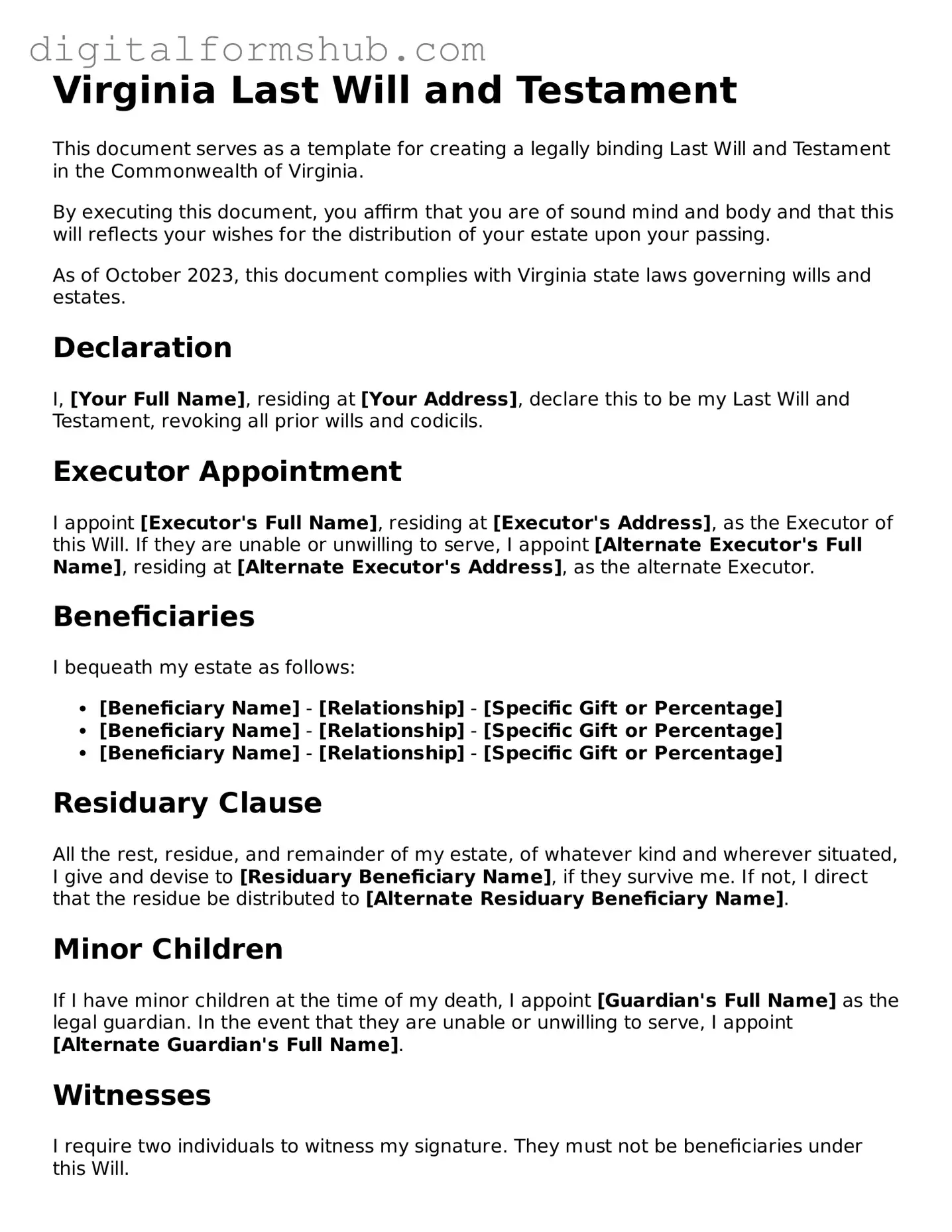 Official Last Will and Testament Template for the State of Virginia