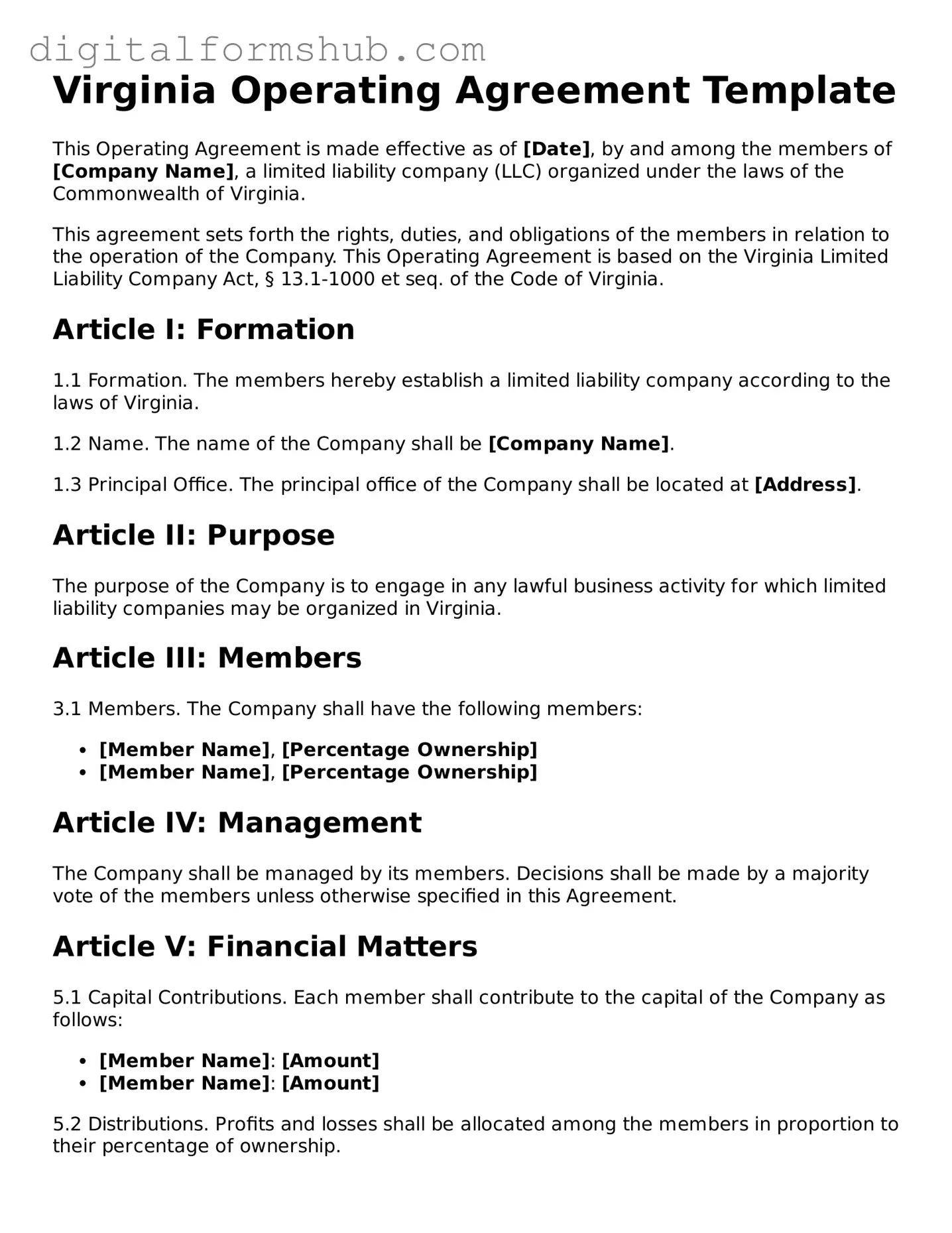 Official Operating Agreement Template for the State of Virginia