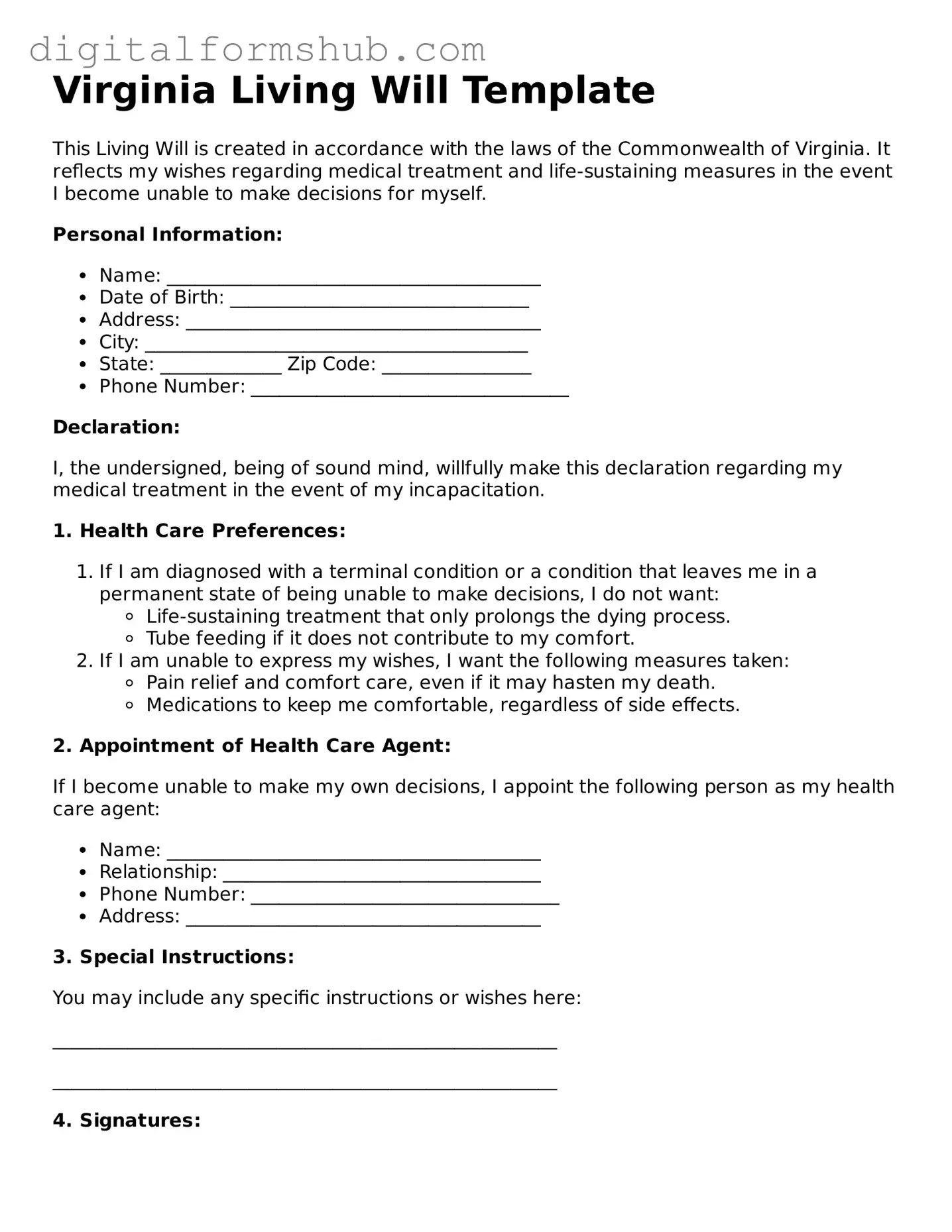 Official Living Will Template for the State of Virginia
