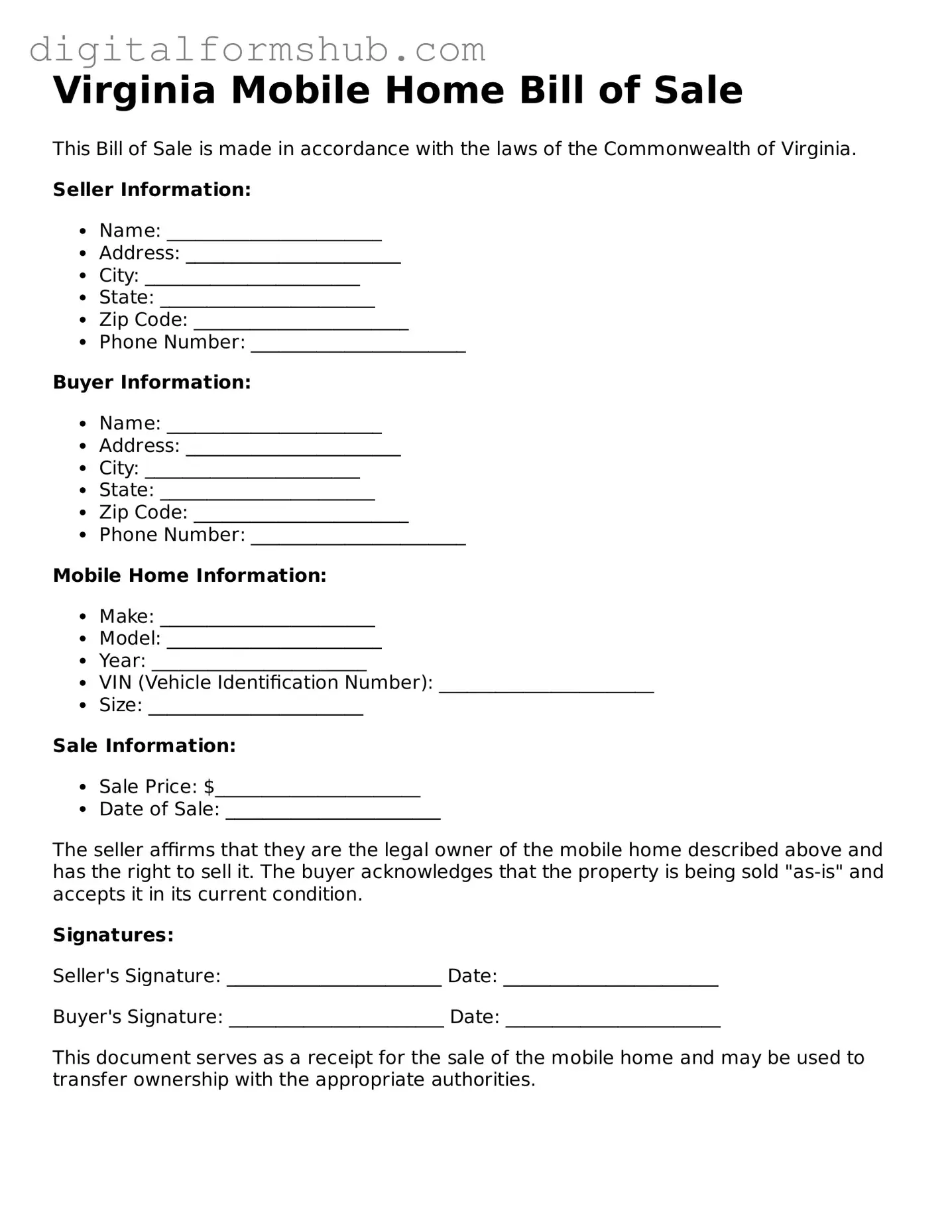 Official Mobile Home Bill of Sale Template for the State of Virginia