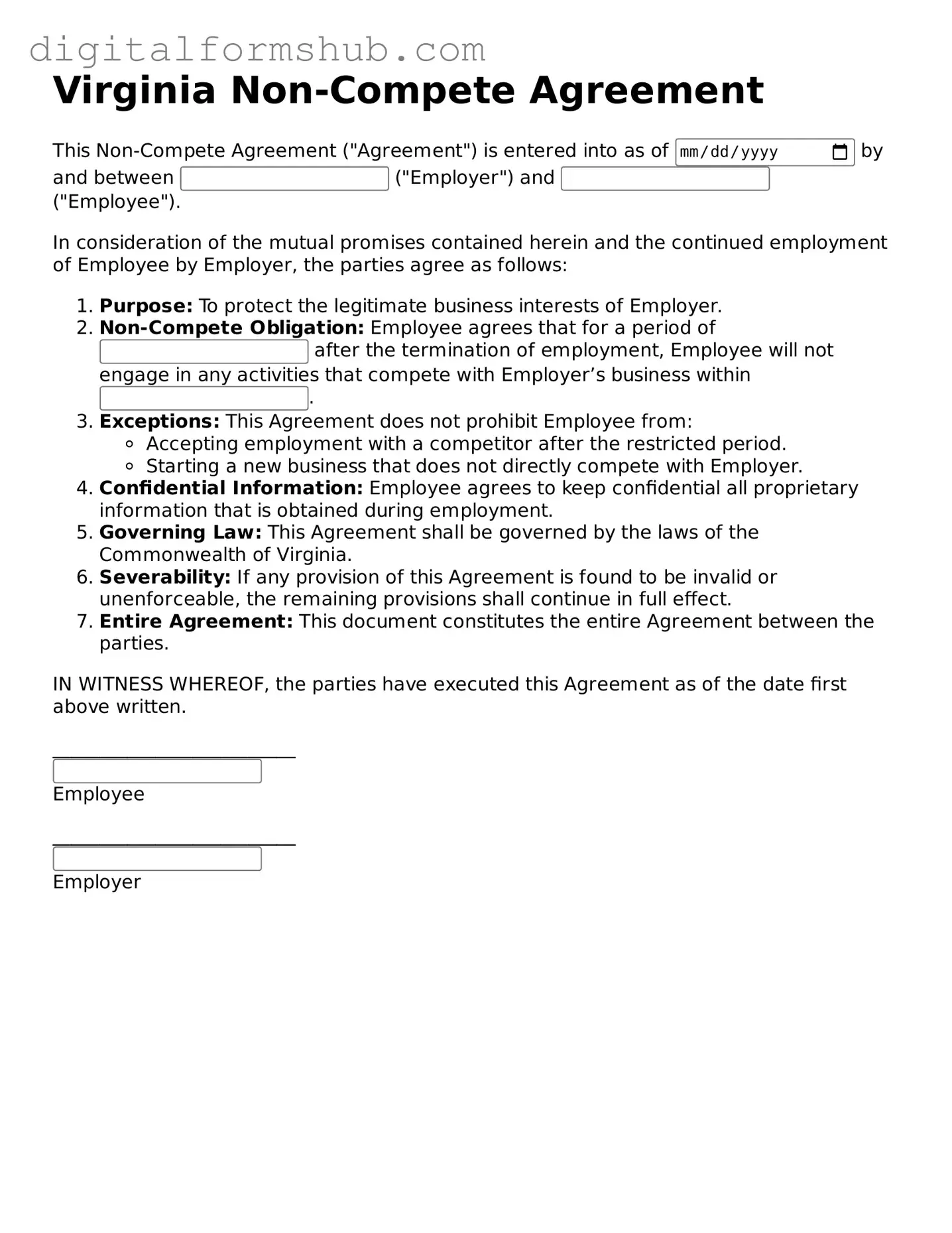 Official Non-compete Agreement Template for the State of Virginia