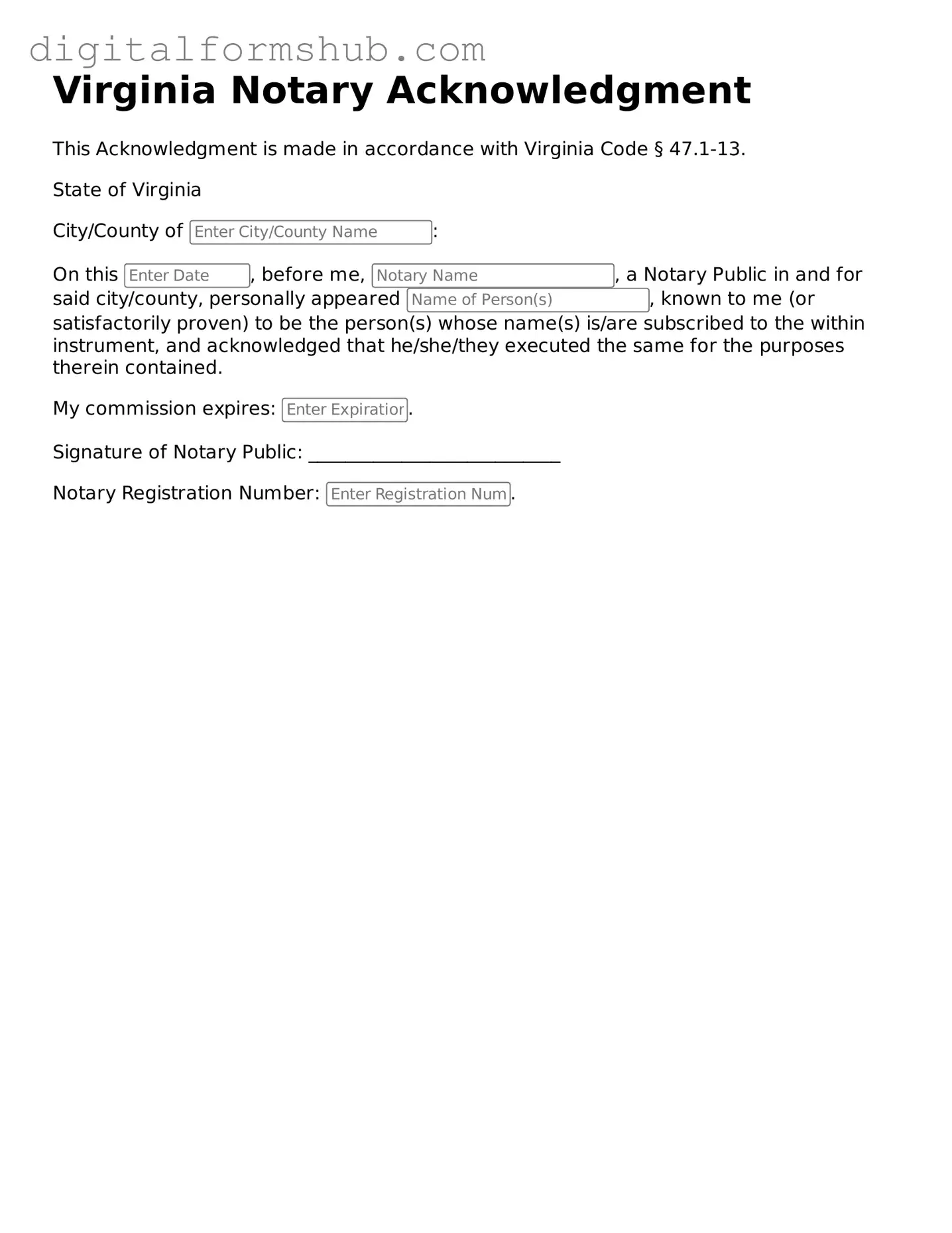 Official Notary Acknowledgement Template for the State of Virginia