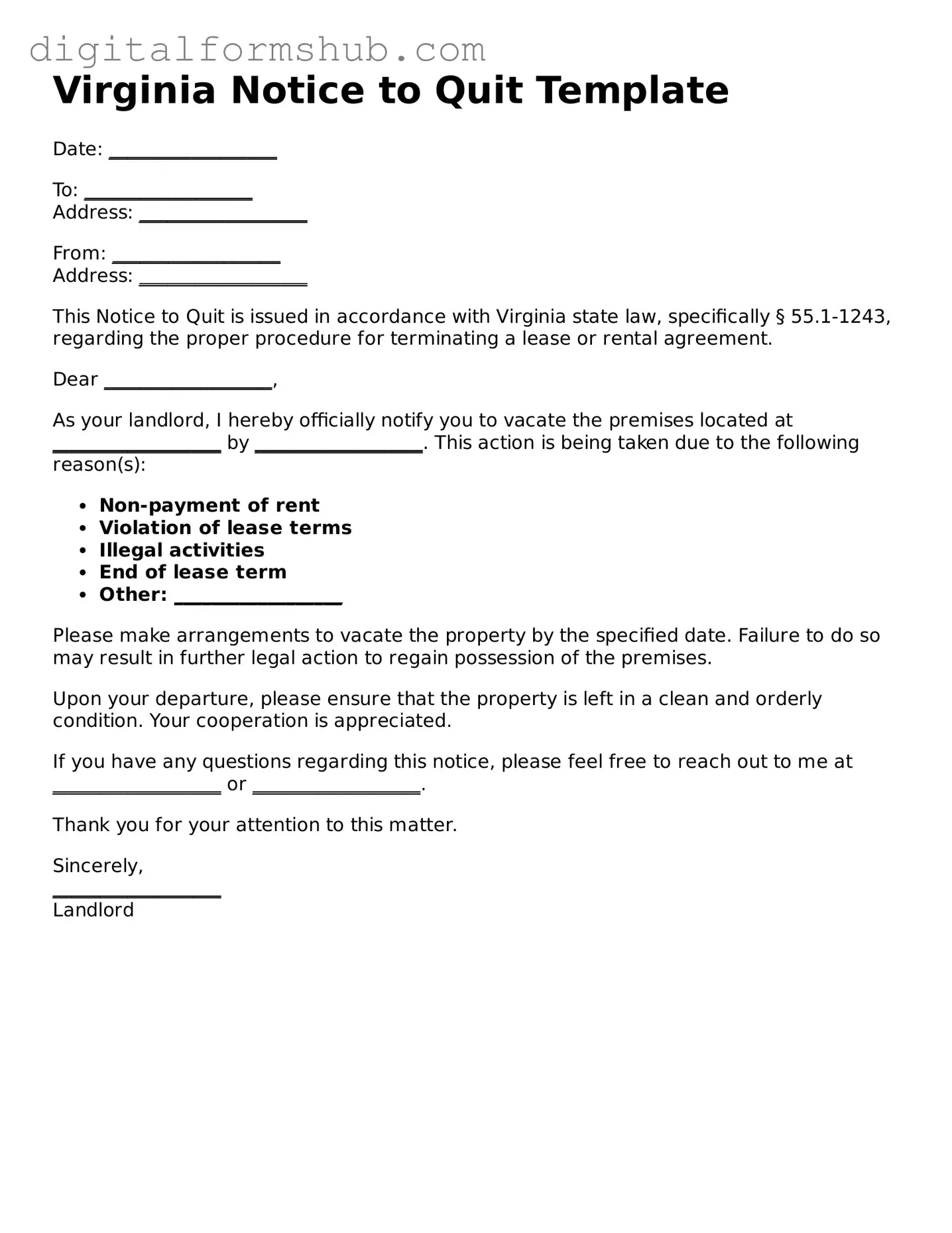 Official Notice to Quit Template for the State of Virginia