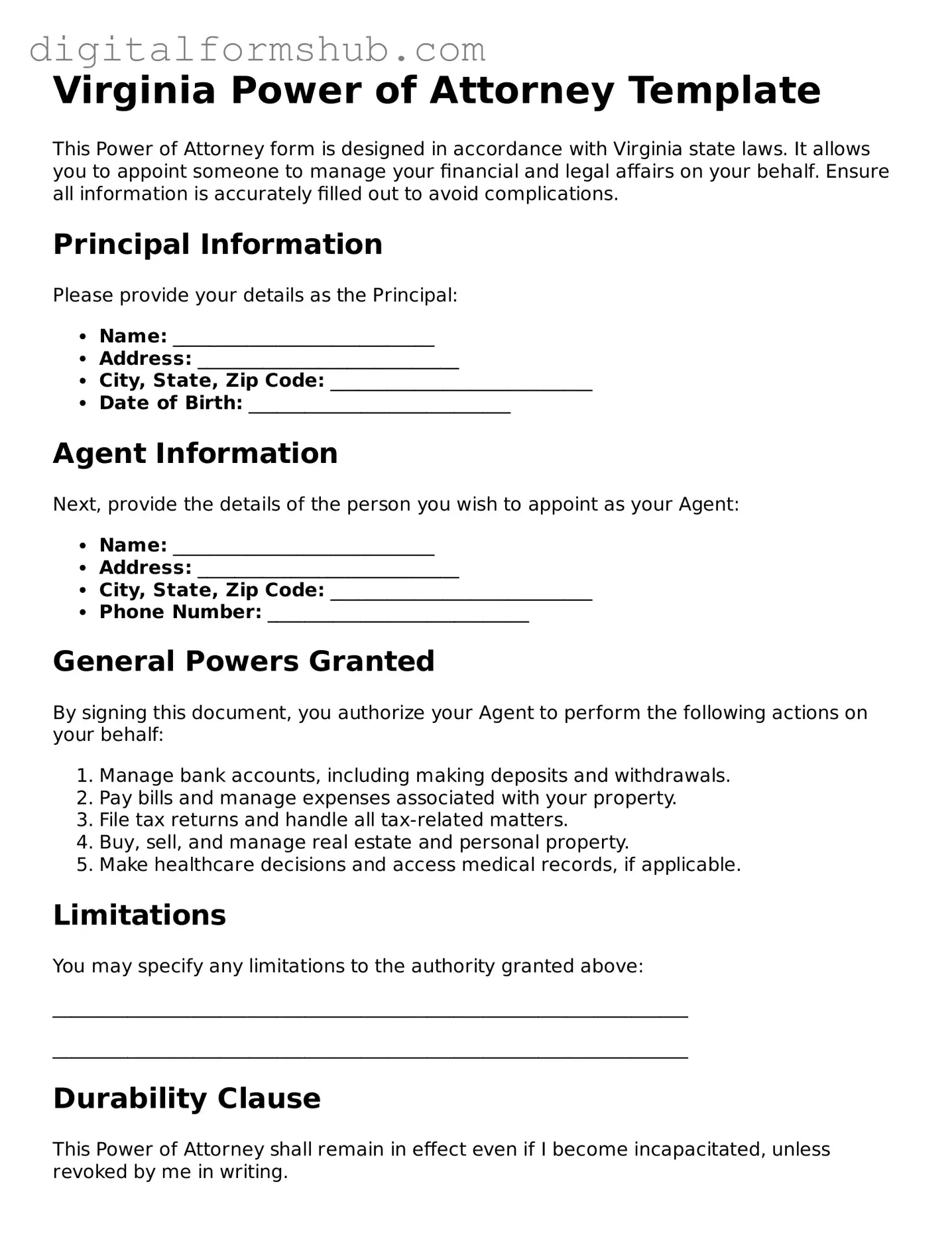 Official Power of Attorney Template for the State of Virginia