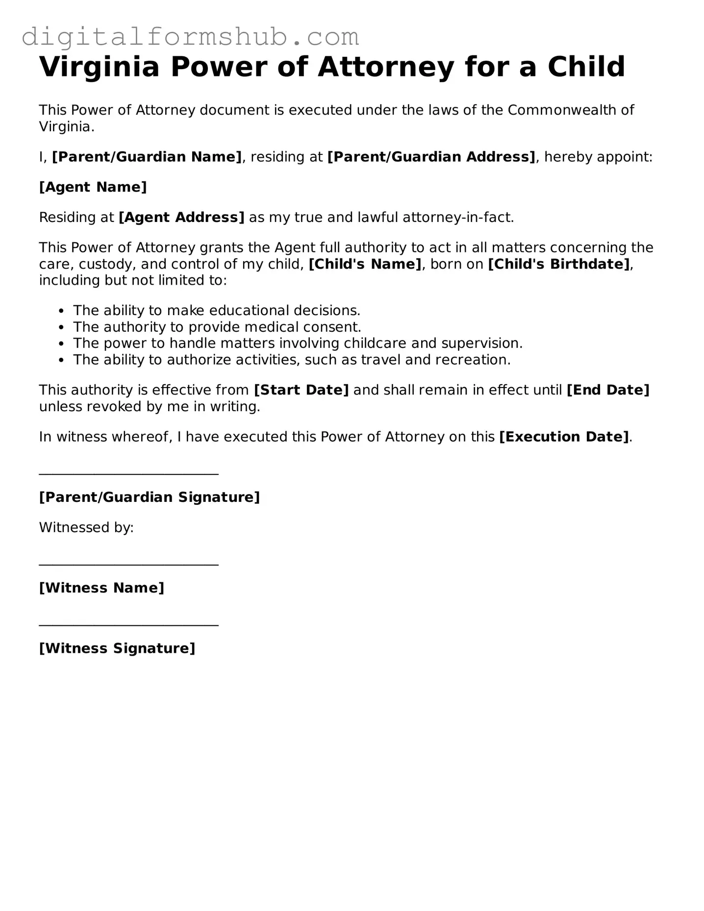 Official Power of Attorney for a Child Template for the State of Virginia