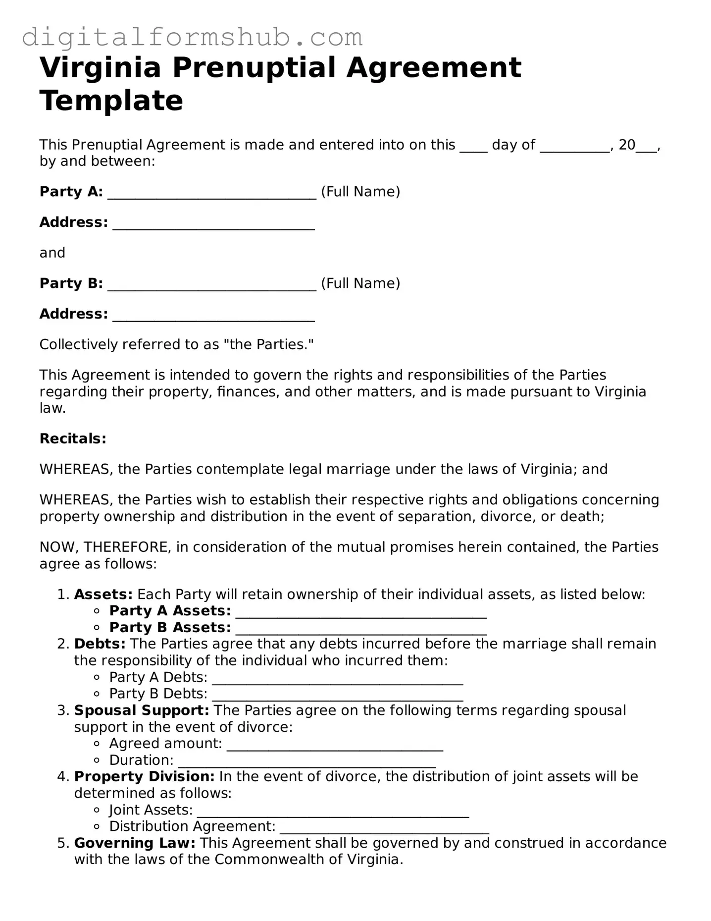 Official Prenuptial Agreement Template for the State of Virginia