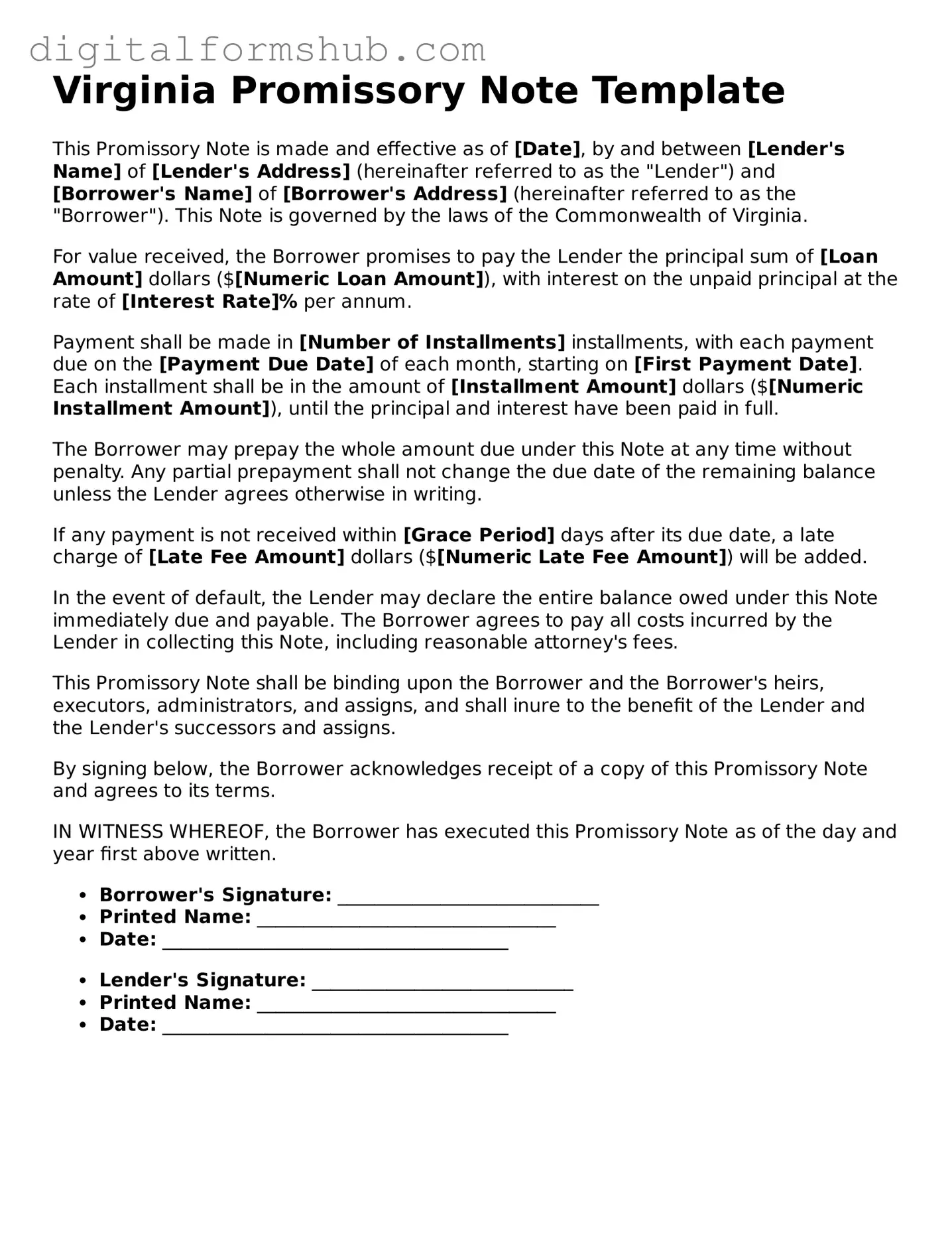 Official Promissory Note Template for the State of Virginia