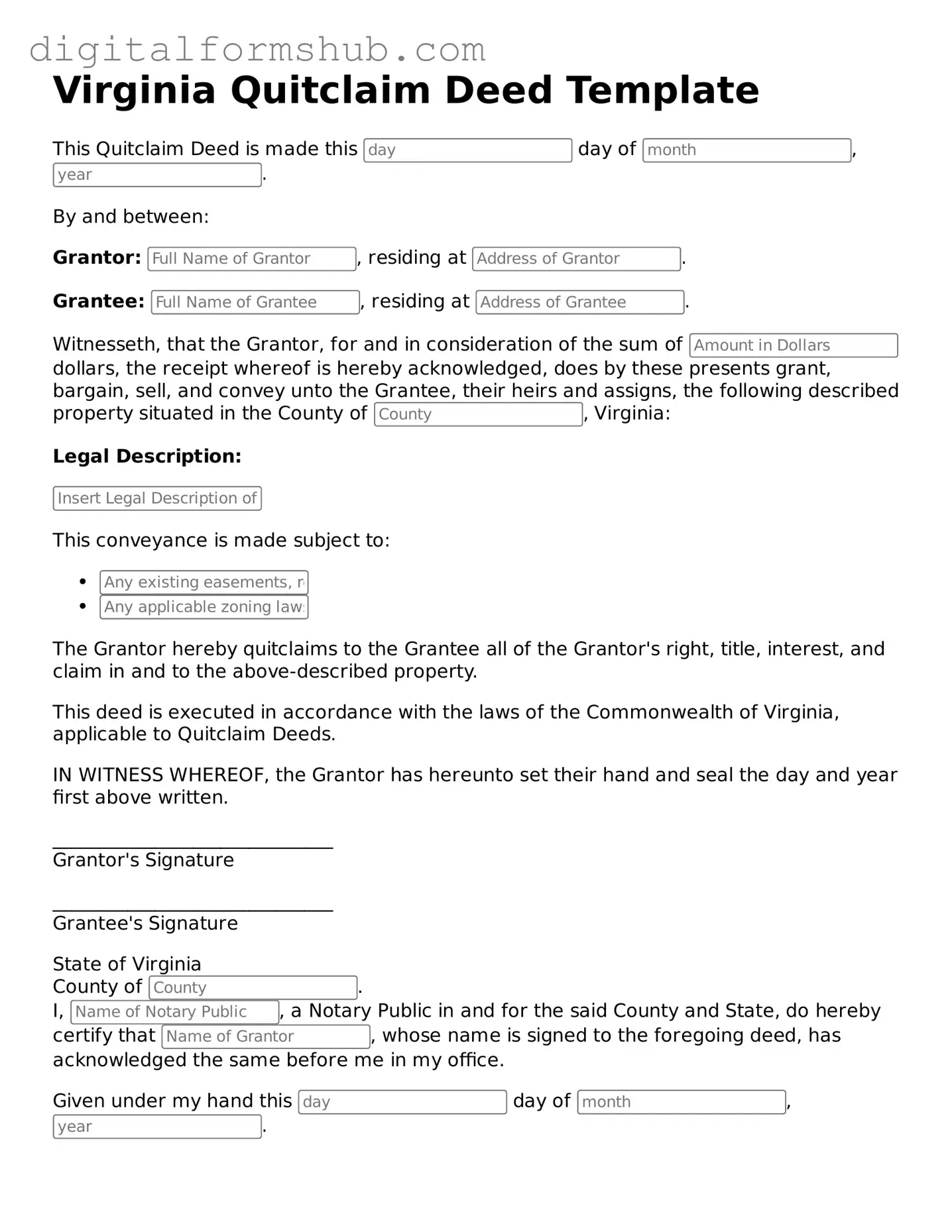 Official Quitclaim Deed Template for the State of Virginia