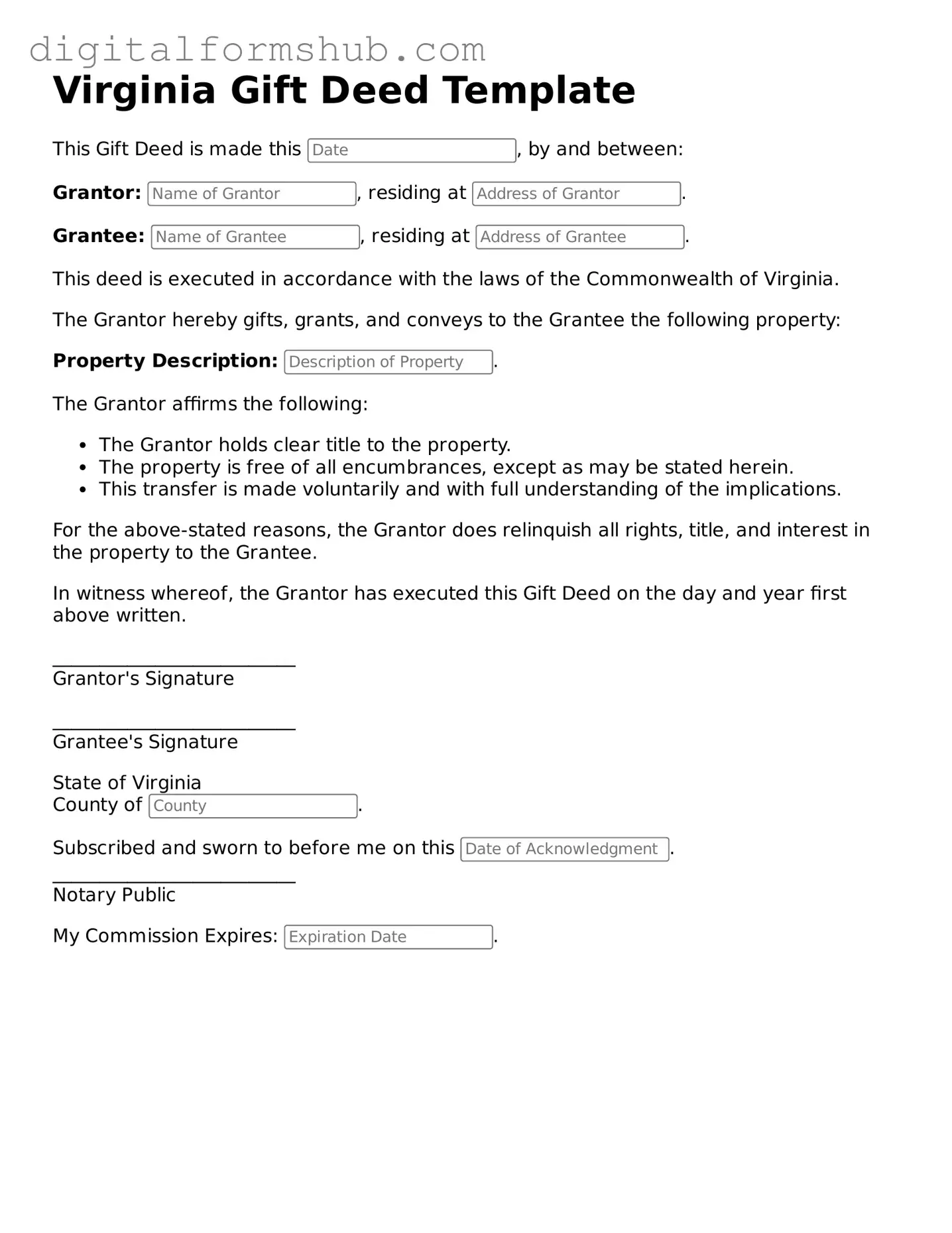 Official Gift Deed Template for the State of Virginia