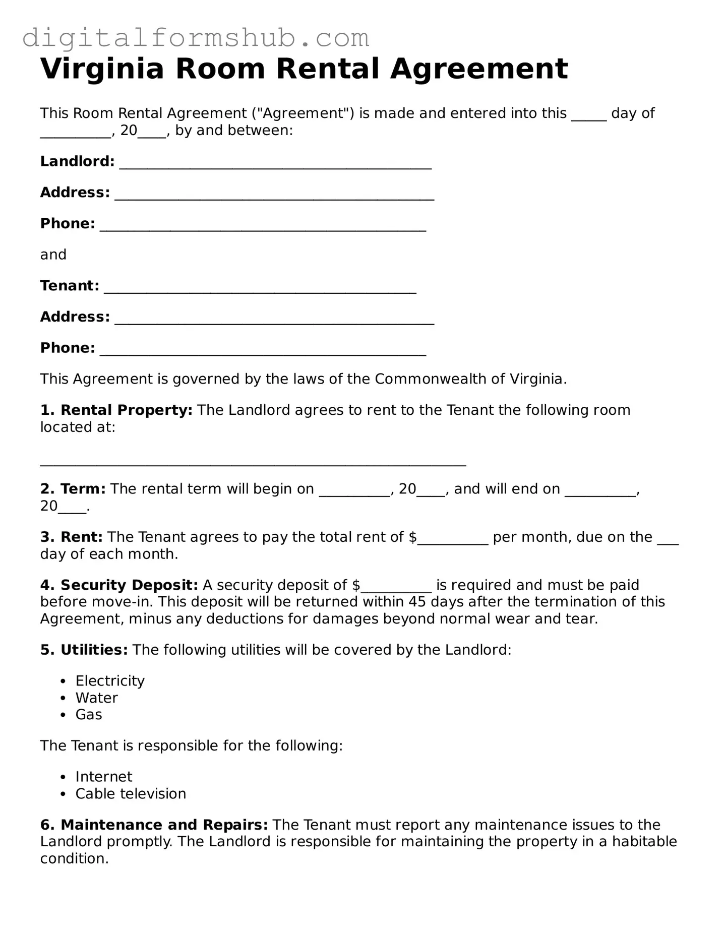 Official Room Rental Agreement Template for the State of Virginia