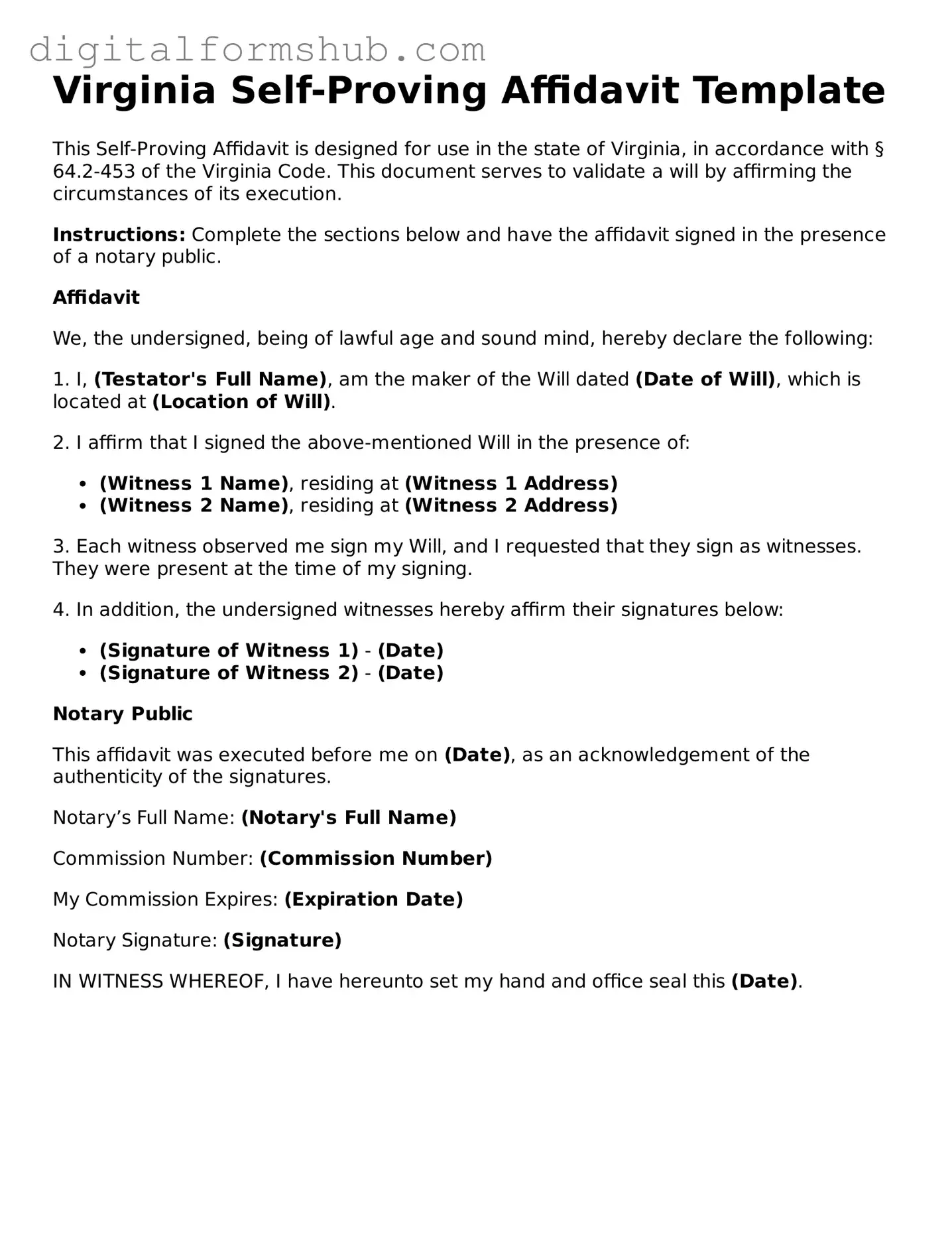 Official Self-Proving Affidavit Template for the State of Virginia