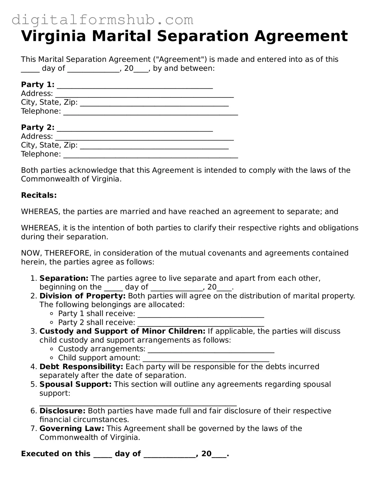 Official Marital Separation Agreement Template for the State of Virginia